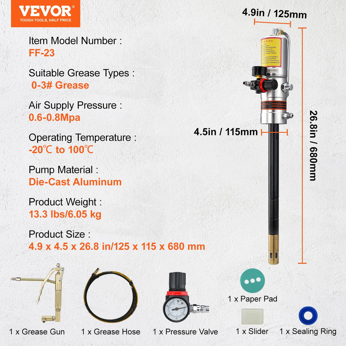 Fettpump, tryckförhållande 50:1, luftdriven fettpump med 13 fot högtrycksslang och fettspruta, pneumatisk fettpump, bärbar smörjfettpump med 360° vridbart fettspruthuvud