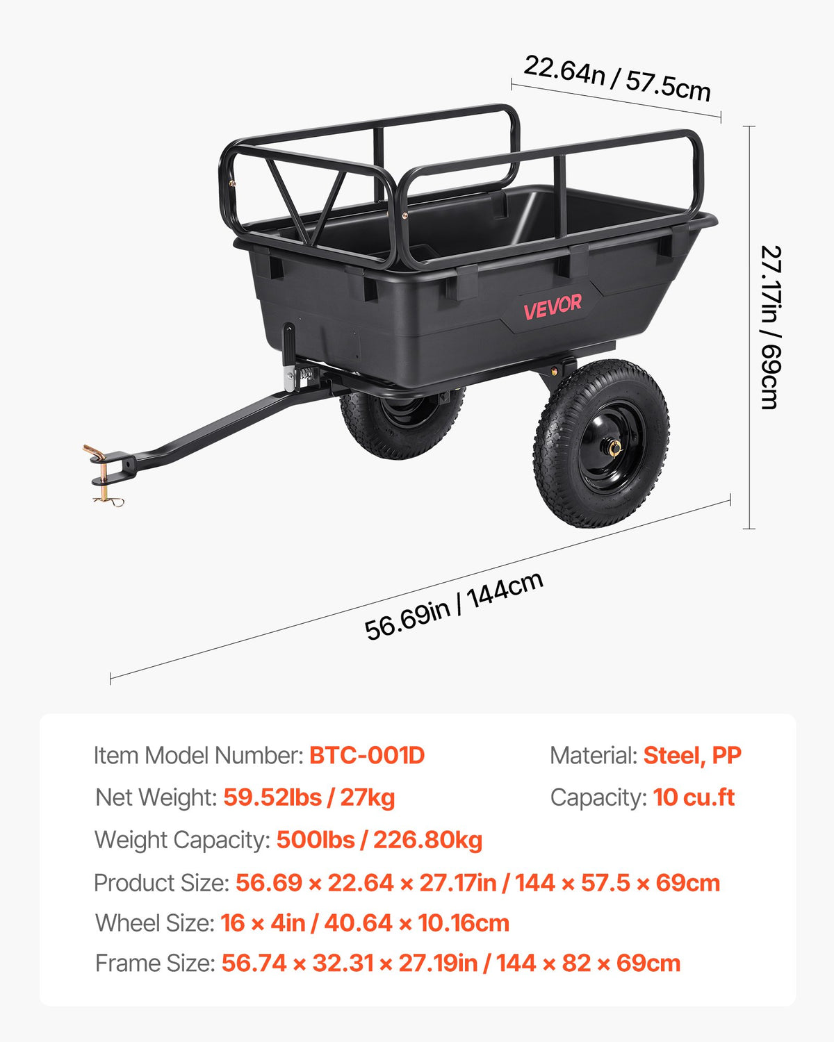 Trädgårdsvagn, 10 kubikfot 227 kg, ATV UTV-transportvagn, bogserad bakom plasttippvagn med 16-tumsdäck, handdrag eller fotpedal, kraftiga trädgårdsvagnar för gräsklippare, traktorer, trädgårdsavfall