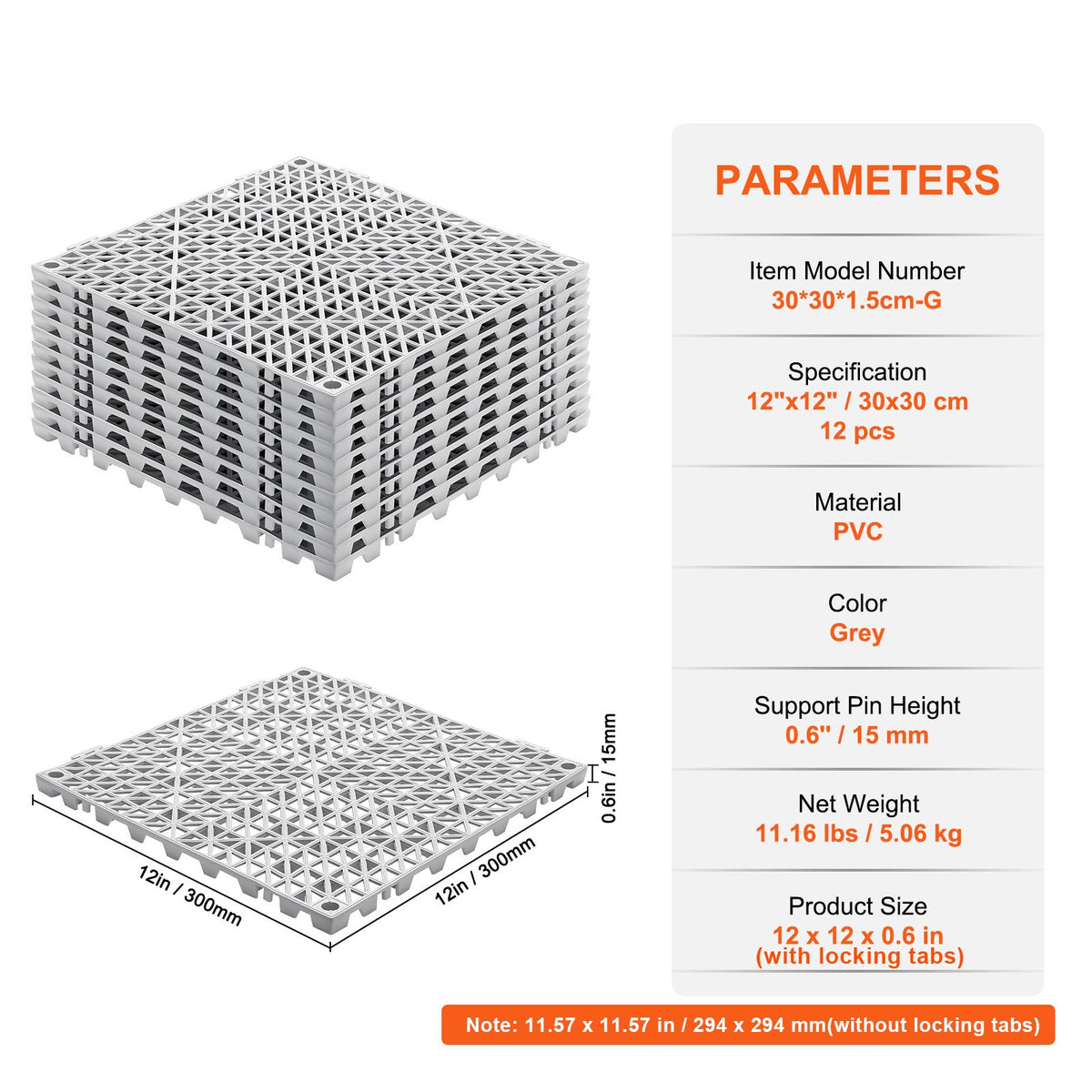 Sammankopplande dräneringsmatta 30,5 x 30,5 cm PVC halkfria golvplattor 12-pack