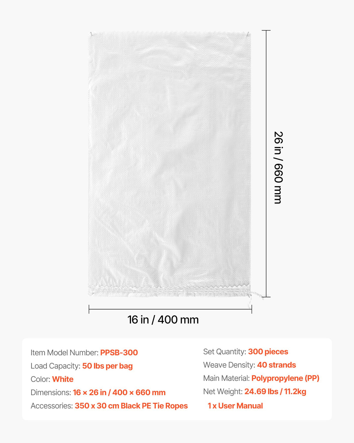 Empty Sandbags, 300 Packs 40 x 66 cm, Heavy Duty Sand Bags Sacks with Ties, 22.6kg Capacity Woven Polypropylene Sandbags, Tear-Resistant & UV-Resistant Sand Bags for Flood Protection Barrier