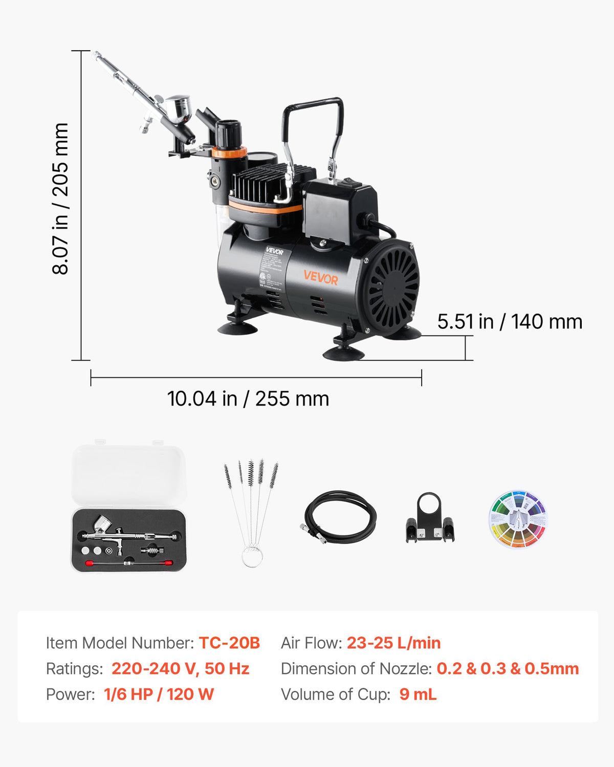 Airbrush Kit, 1/6 HP, Air Brush Kit with Air Compressor, 1 Dual-Action Professional Airbrush with 3 Tips, Hose, Holder, Cleaning Set, Low Noise, for Cake Decorating, Model Painting, Nail Art