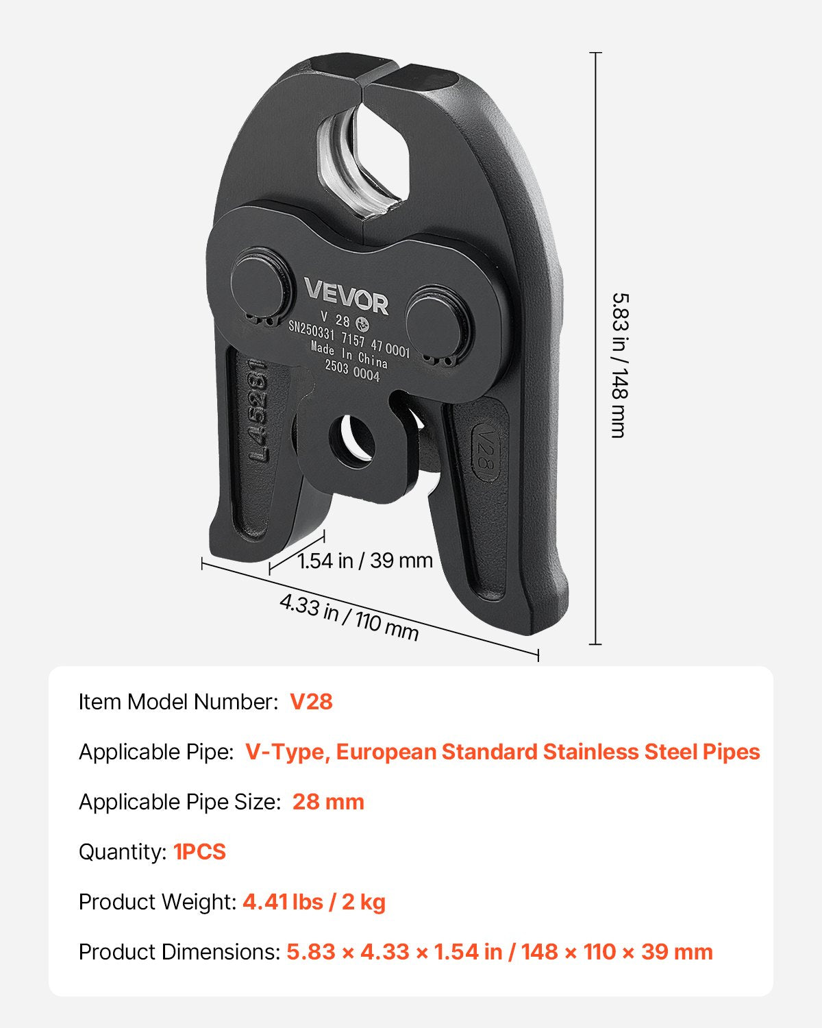 V28 Pressback, 28 mm pressback för V-formade rostfria rör, höghållfasta pressbackar i karburerat stål, kompatibel med standardpressverktyg