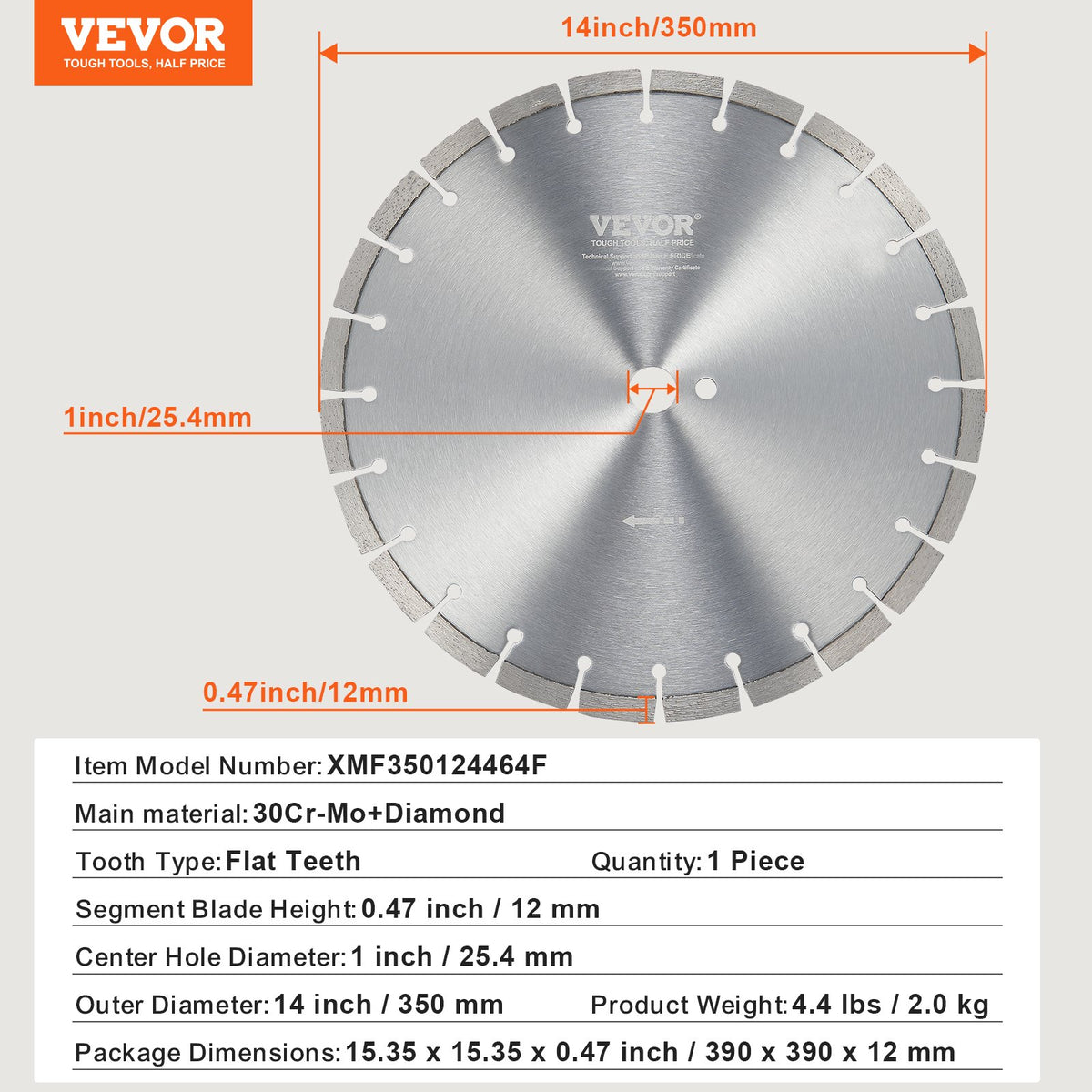Diamantklinga, 14 tum/350 mm betongsågklinga för vått eller torrt bruk, 0,47 tum/12 mm diamantsegmentklinga med platt tänder, universal 1 tum/25,4 mm centrumhålsdiameter, för betong, cementskiva, kakel, tegel
