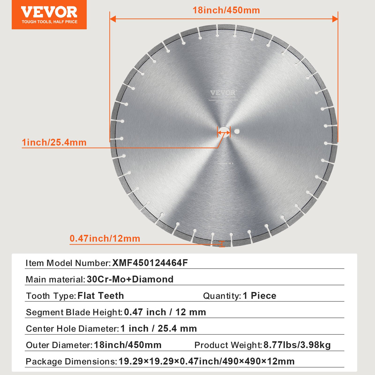Diamantklinga, 18 tum/450 mm betongsågklinga för vått eller torrt bruk, 0,47 tum/12 mm diamantsegmentklinga med platt tänder, universal 1 tum/25,4 mm centrumhålsdiameter, för betong, cementskiva, kakel, tegel