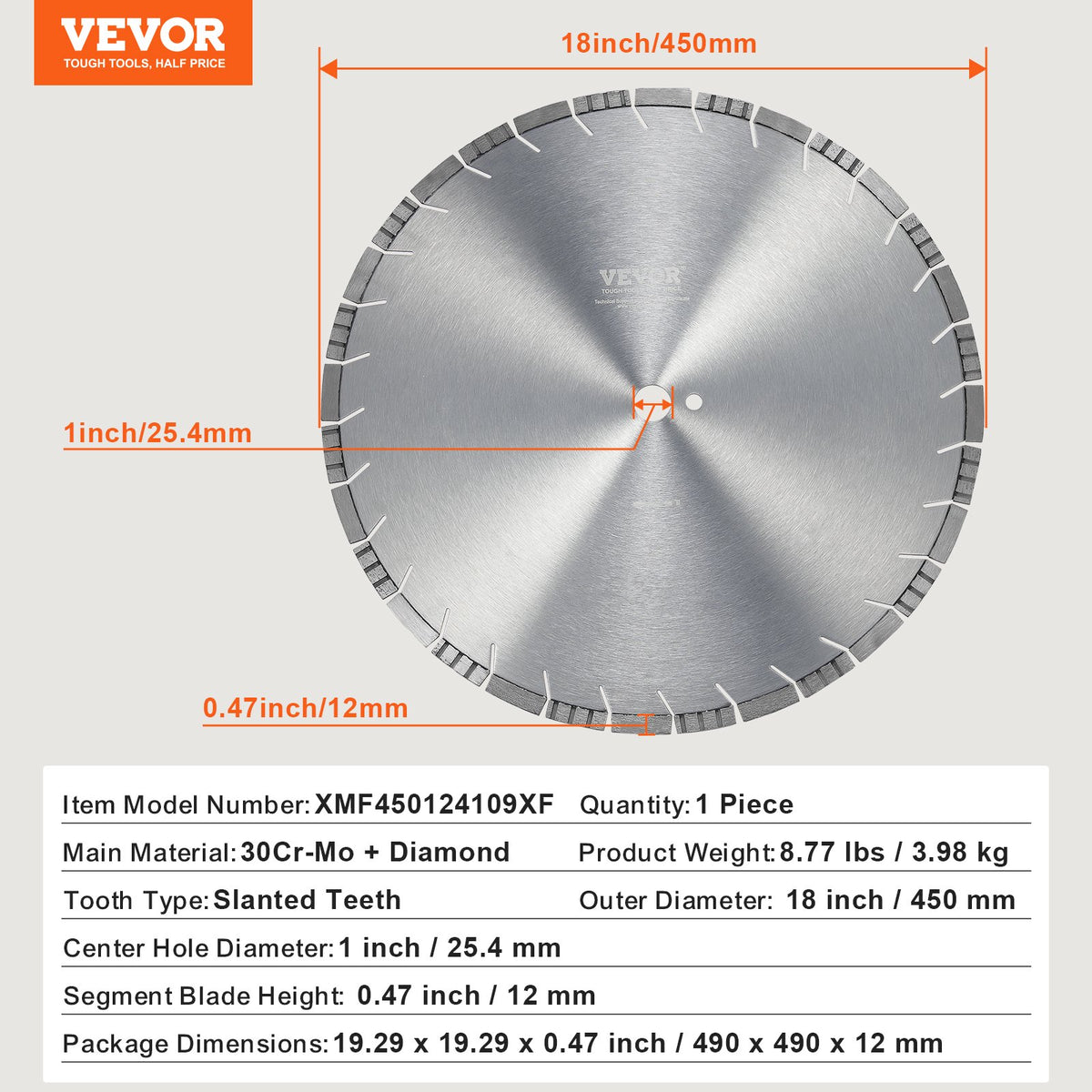 Diamantklinga, 18 tum/450 mm betongsågklinga för vått eller torrt bruk, 0,47 tum/12 mm sneda tänder diamantsegmentklinga, universal 1 tum/25,4 mm centrumhålsdiameter, för betong, cementskiva, kakel, tegel