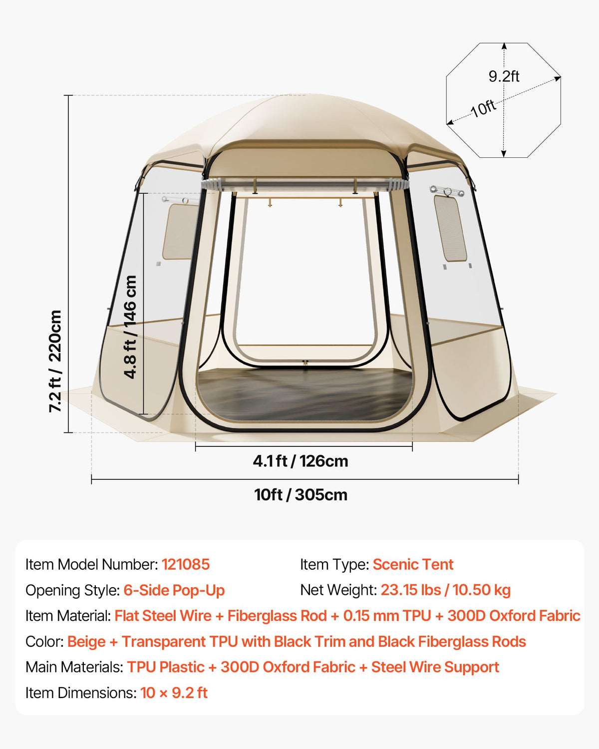 Pop up Bubble Tent, 3.05 x 2.75 m Waterproof & UV-Resistant, Clear Camping Tent Shelter, Outdoor Garden Dome Igloo Tents with Windows, 540° Panoramic View, for 4-8 Persons Patio Backyard