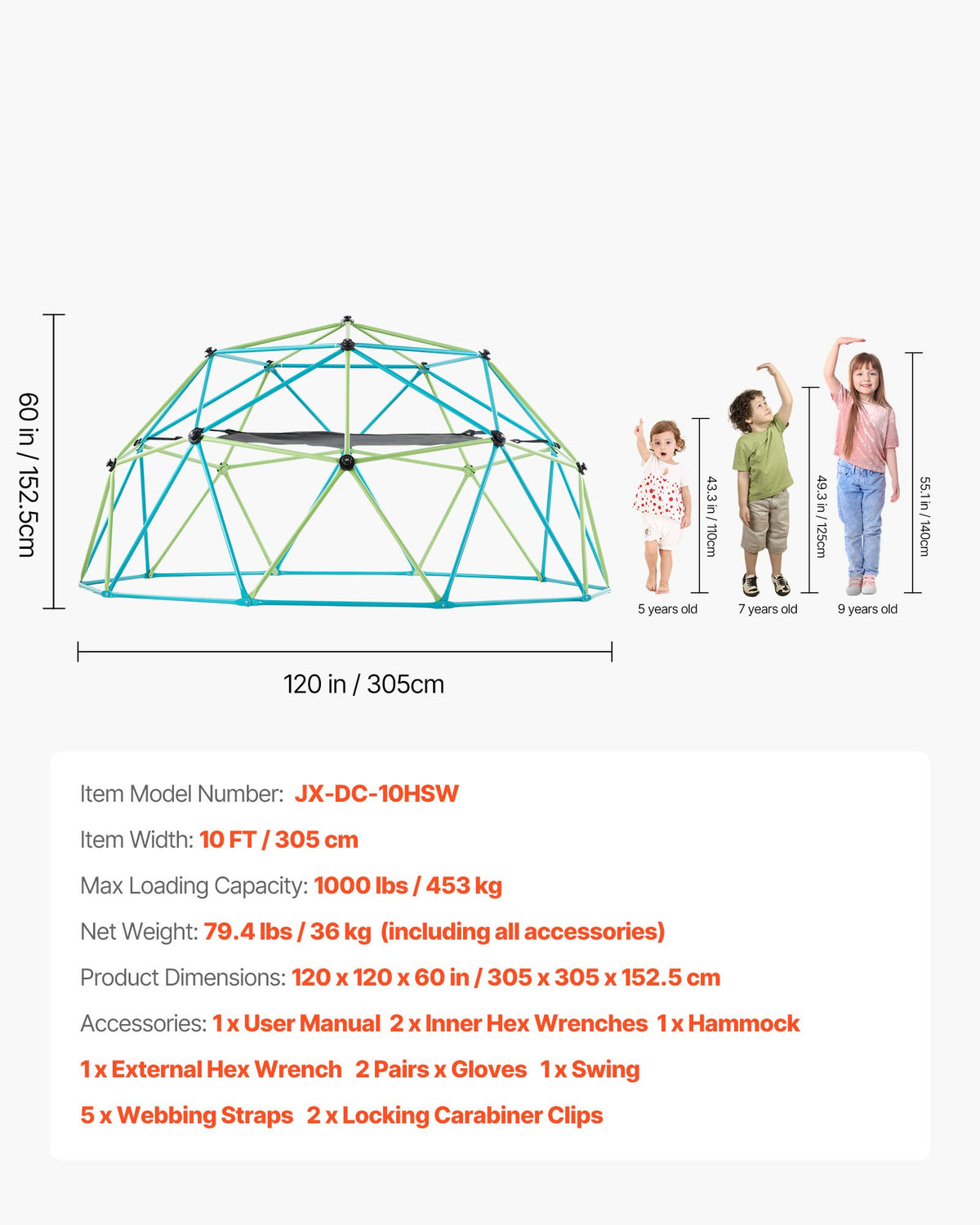 Klätterkupol, 305 cm geometrisk kupolklättrare med gunga och hängmatta, 453 kg belastning för barn, klätterställning för utomhusbruk för pojkar och flickor 3 till 10 år