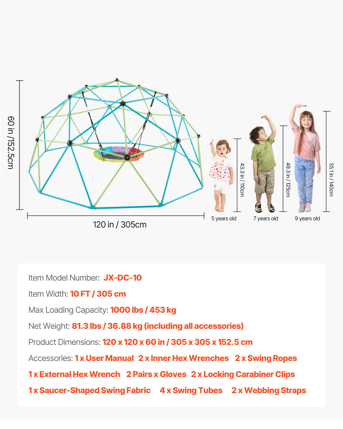 Climbing Dome, 305cm Geometric Dome Climber with Saucer Swing, 453kg Loading Kid's Jungle Gym Playground, Easy-Assembly Outdoor Backyard Climbing Equipment for Boys Girls 3 to 10 Years Old