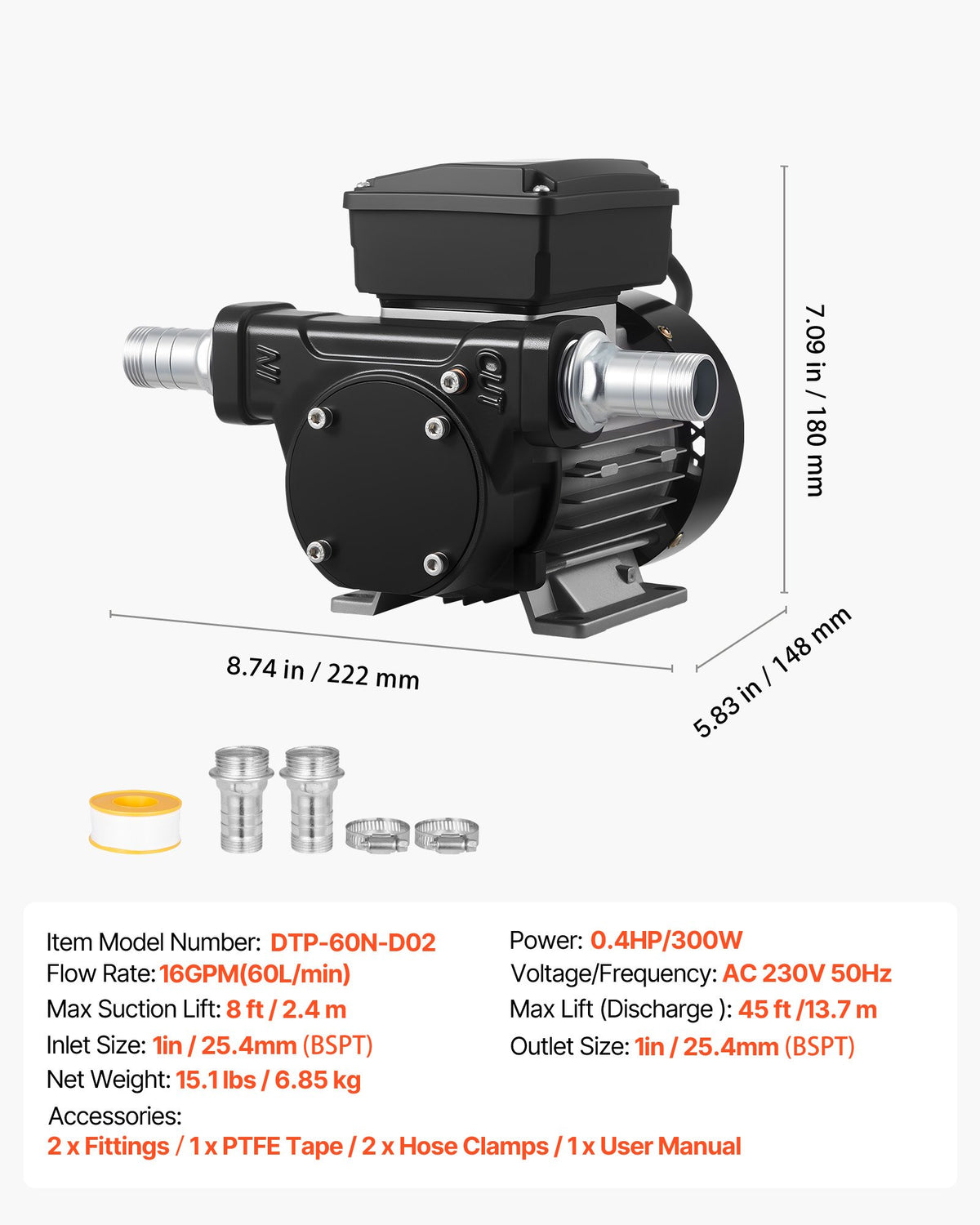 Oljeöverföringspump 230V, 16 GPM 60 L/min, AC elektrisk bränsleöverföringspump för diesel fotogen biodiesel, 8 ft/2,4 m max sughöjd, 45 ft/13,7 m max lyfthöjd, för fordon, byggarbetsplatser, gårdar