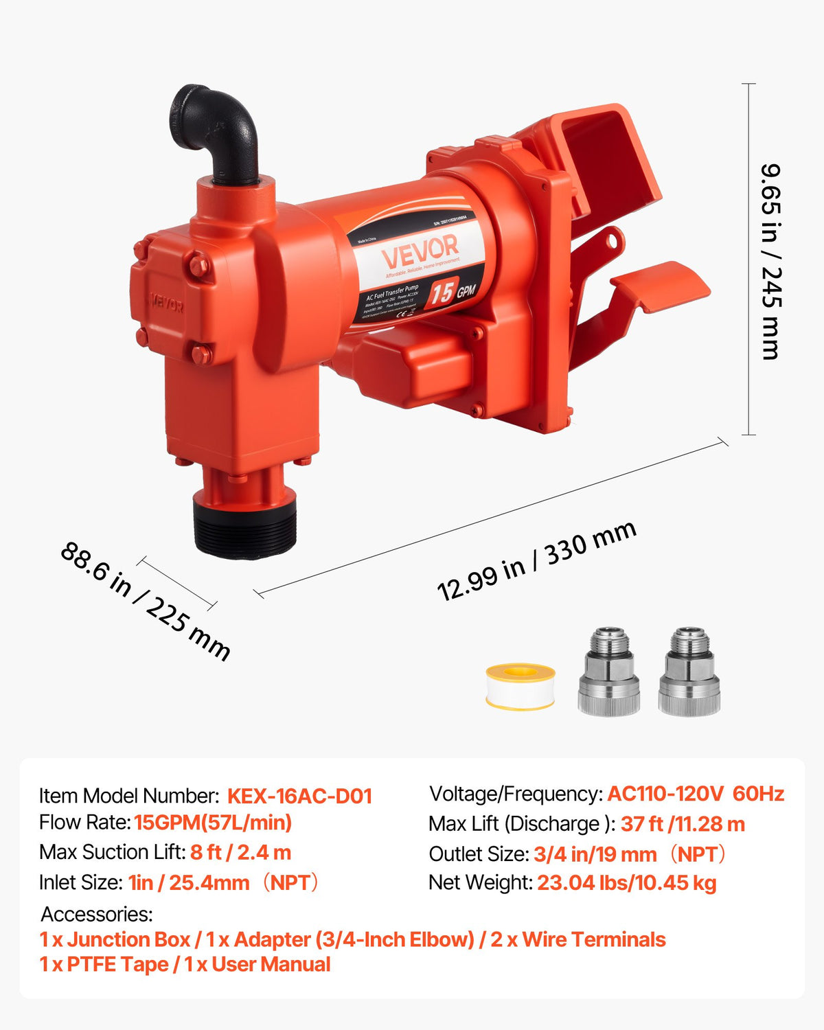 Bränsleöverföringspump 230V, 15 GPM 57 L/min, AC elektrisk oljeöverföringspump, 8 ft/2,4 m max sughöjd, 37 ft/11,28 m max lyfthöjd, överhettningsskydd, för bensin, diesel, fotogen, biodiesel, etanol