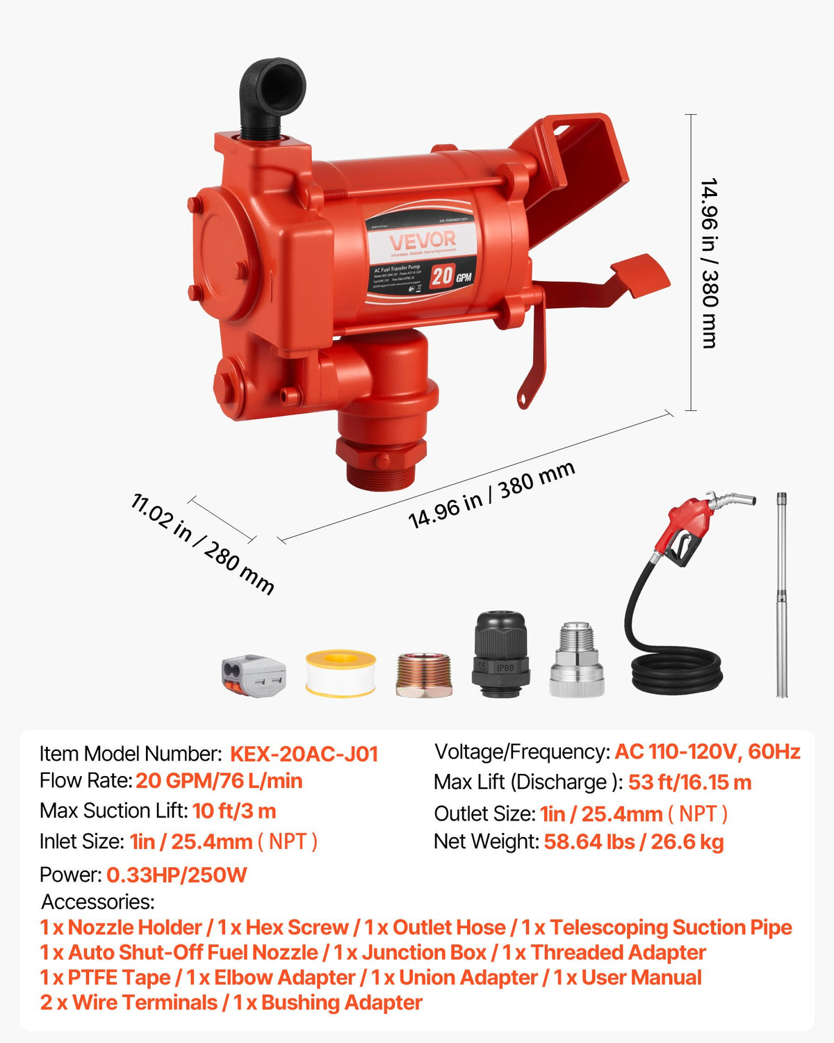 Bränsleöverföringspump 230V, 20 GPM 76 L/min, AC elektrisk oljeöverföringspump, med automatisk avstängning av bränslemunstycke och utloppsslang, högflödessats för bensin, diesel, fotogen, biodiesel, etanolblandningar