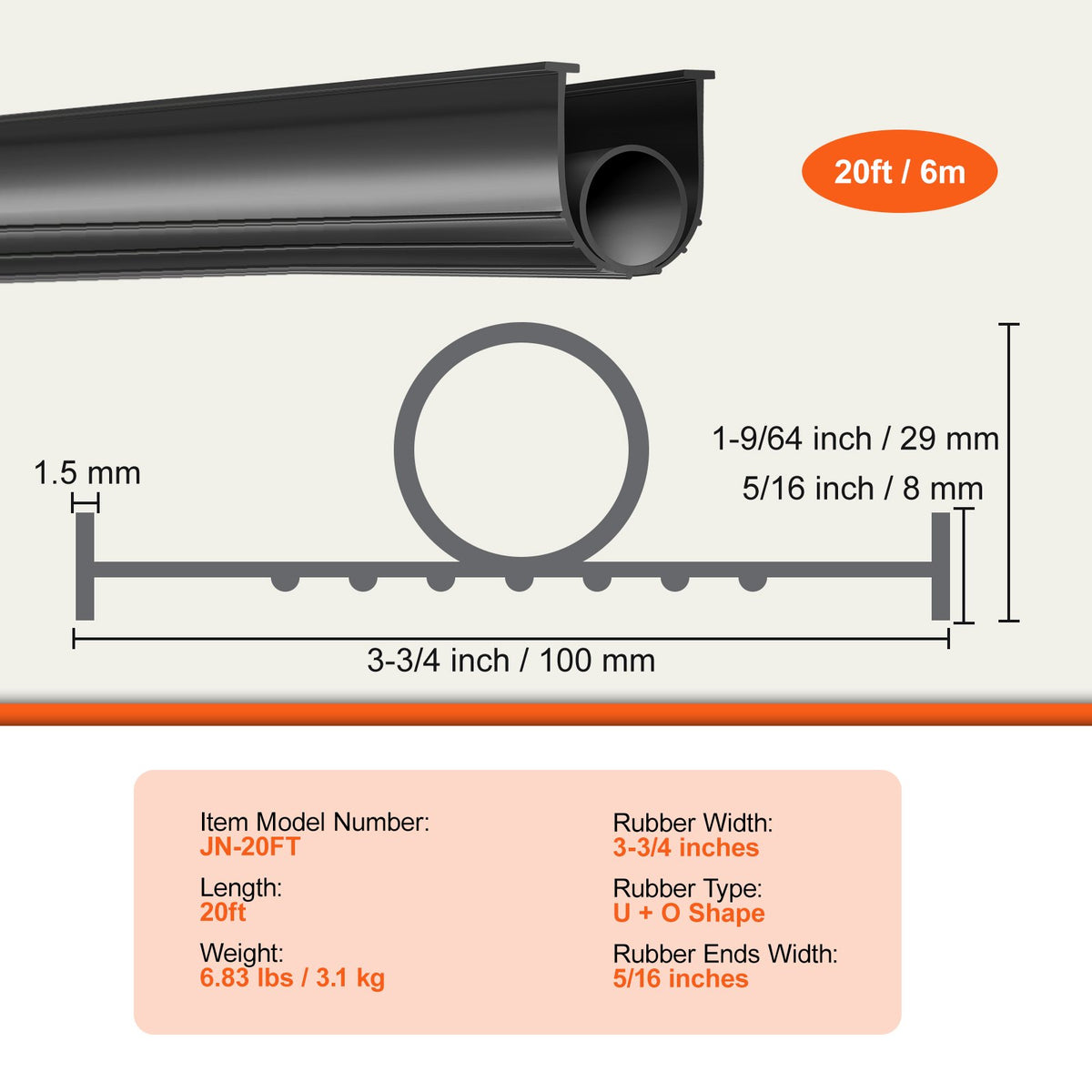 Garageportstätningar i gummi, U-formad + O-ring kombination av vädertätning för garageportens botten, 6,1 m väderbeständig garageportstätning, 8 mm T-ändar och 9,5 cm bredd, för dörrar, svart