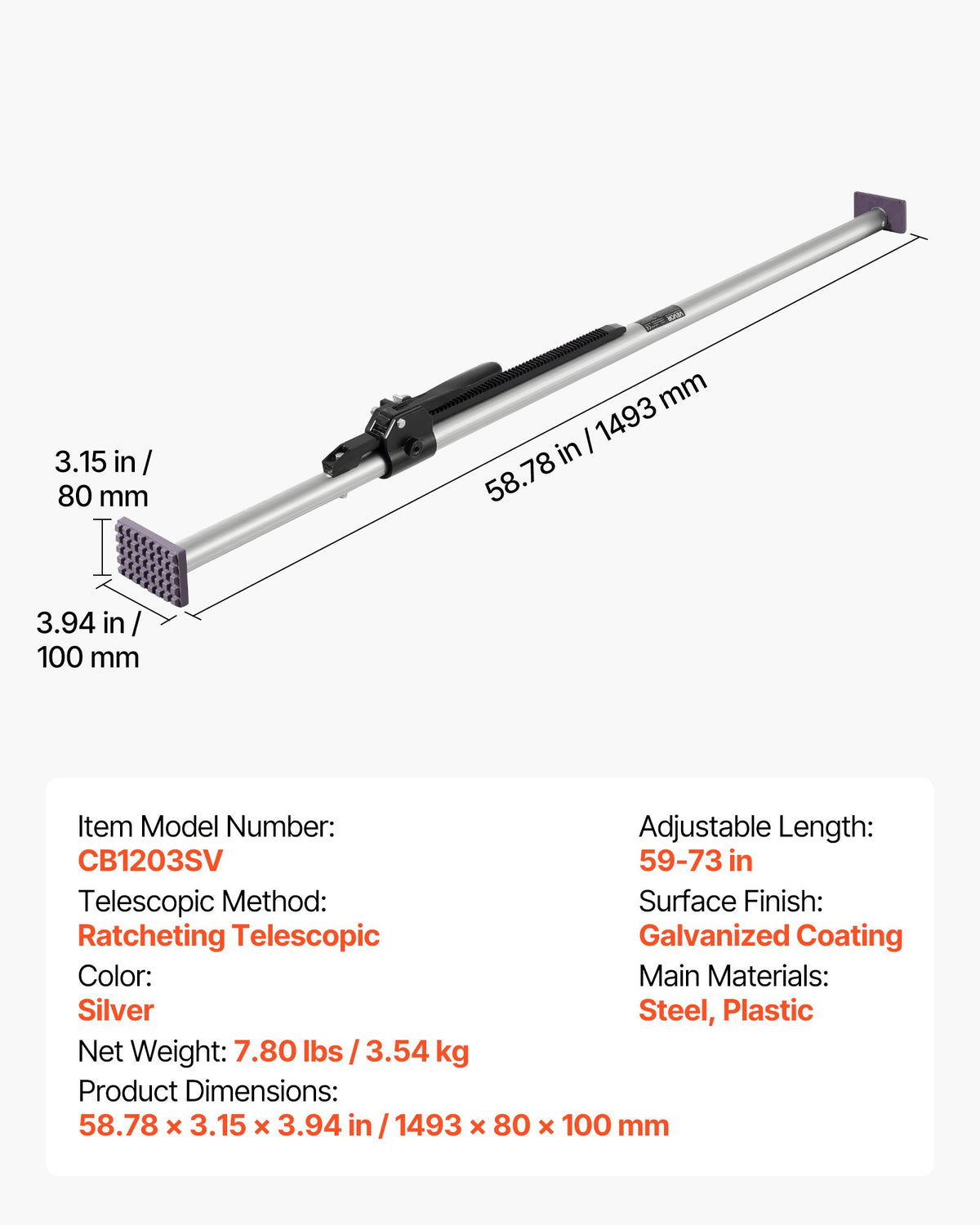 Laststång, spärrbar laststång justerbar från 1499 mm till 1854 mm, kraftig laststabilisator i stål med halkfria fotplattor, teleskopiska lastlåsstänger för pickup lastbil