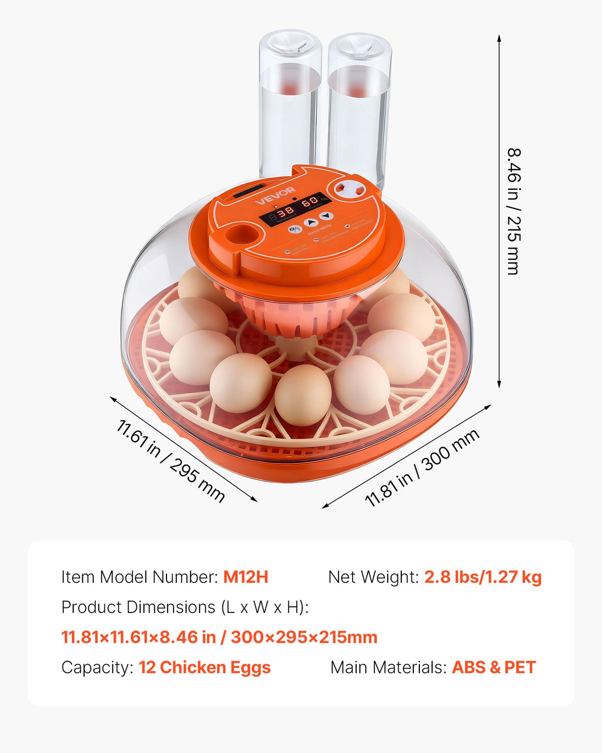 12 Egg Incubator, Automatic Egg Turner with LED Candler, Temperature & Humidity Control, 360° View Clear Window, Poultry Eggs Incubator for Home Farm, Hatching Chicks Ducks Goose Quail