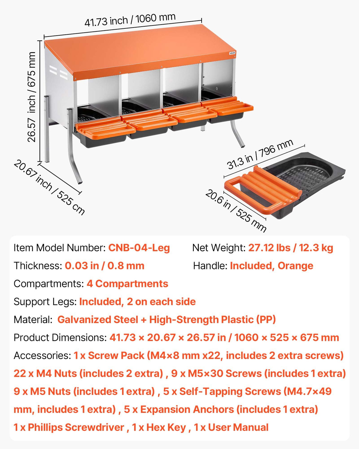 Chicken Nesting Boxes, 4 Compartments, with Support Legs, Easy Egg Collection, Galvanized Steel and High-Strength Plastic, Roll Away Nesting Boxes for Chickens and Hens Laying Eggs, Orange