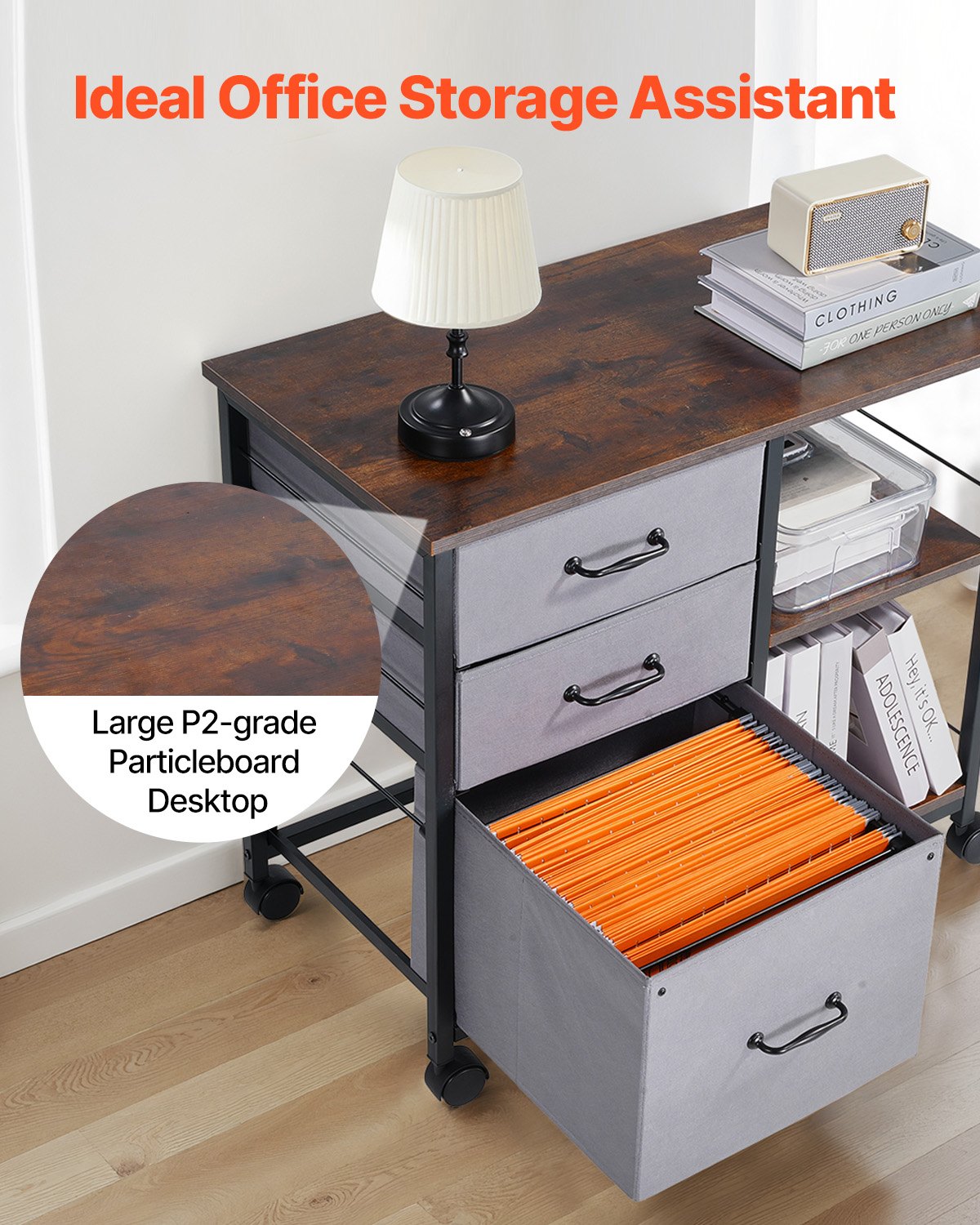 Metal File Cabinet, Mobile Filing Cabinet with 3 Fabric Drawers and 2 Open Shelves, Wooden Vertical Filing Storage Cabinets with Wheels for Letter, A4, Legal Size File, Easy Assembly, Brown