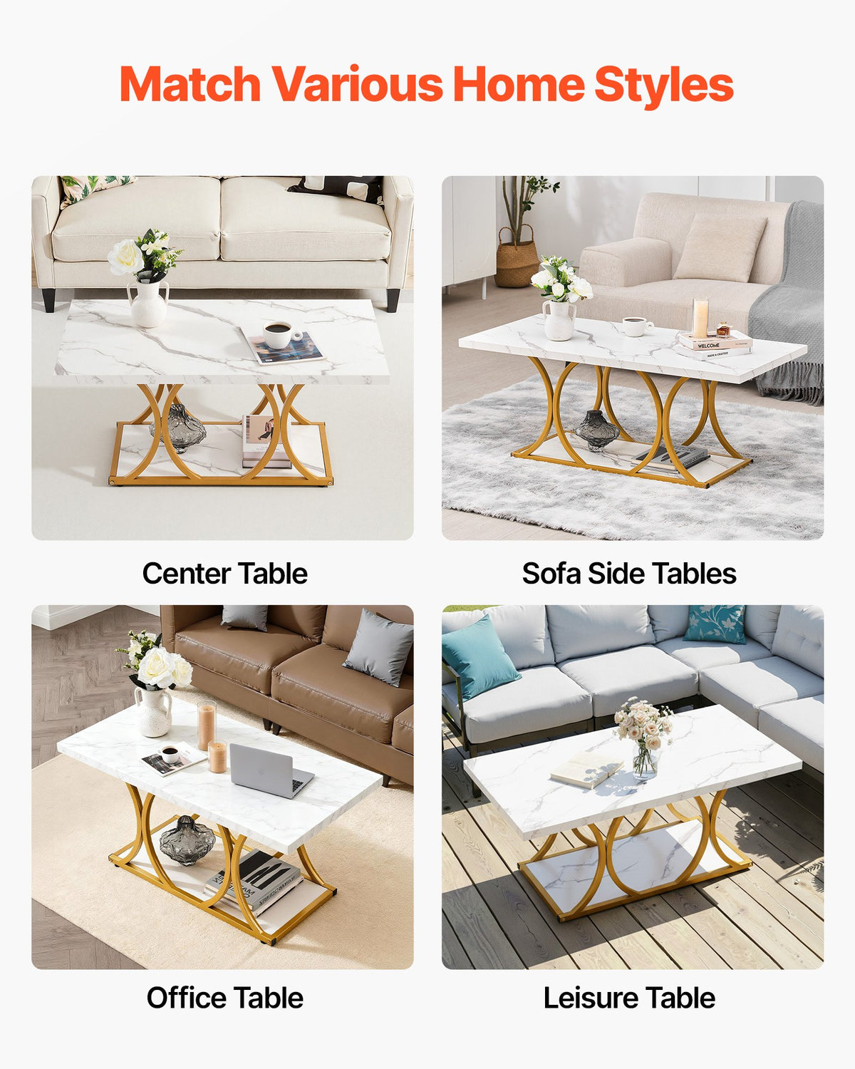 Coffee Table, Modern Faux Marble Coffee Table, Large 2-Tier Rectangle Center Desk with Geometric Legs, Minimalist Sturdy Metal Frame Accent End Desk for Living Room, Office, Easy Assembly, White