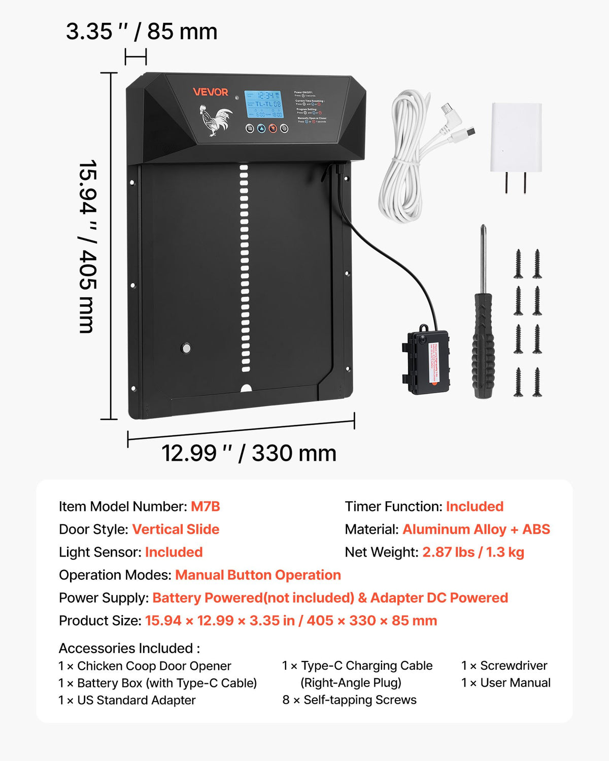 Automatisk hönshusdörr, DC- och batteridriven hönsdörr med LCD-skärm, ljussensor, timer och manuell inställning, klämskydd, hållbar aluminiumlegering, grindöppnare till hönshus för gård