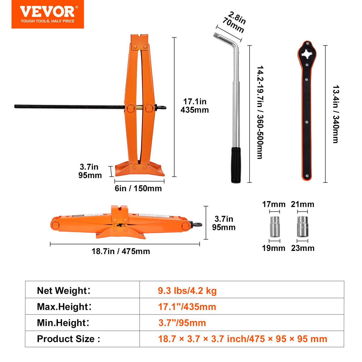 Scissor Jack, 2.5 Ton/2500 kg Scissor Car Jack, 9.4 cm-43.4 cm Lifting Range Scissor Lift Jack with Ratcheting Handle and L-Wrench, Portable Tire Jack for Cars Trucks Sedans MPVs