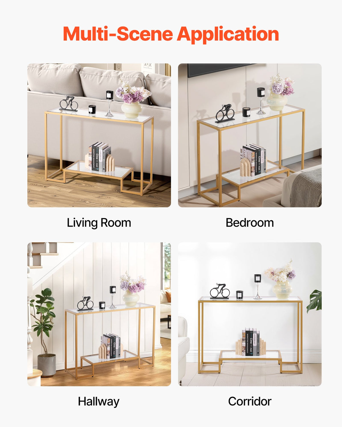 Konsolbord i glas med 2 våningar, modernt rektangulärt sidobord i härdat glas och järnben, gyllene Consloe-skrivbord med tippsäkert skydd för vardagsrum, hall, entré, foajé, gyllene