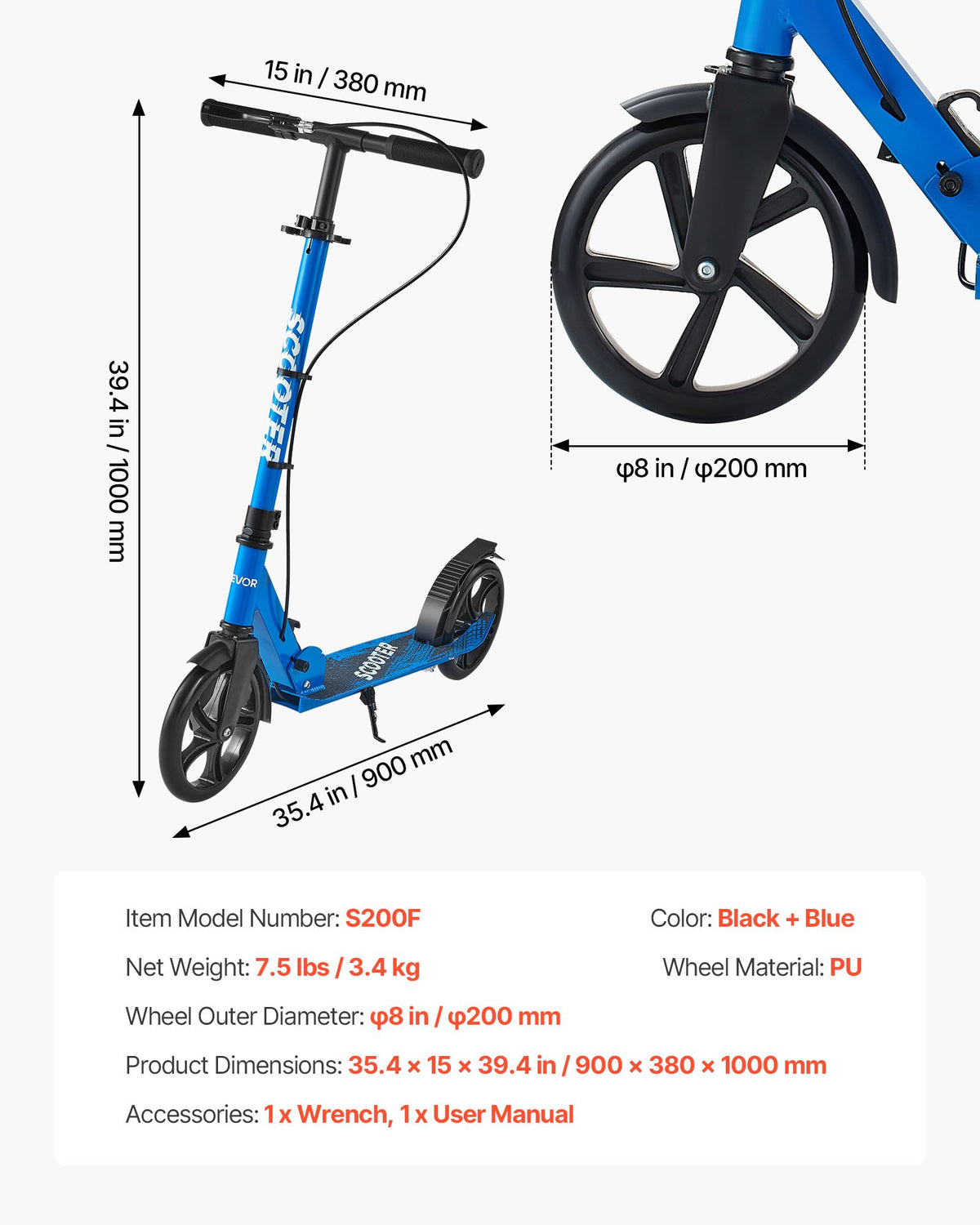 Sparkcykel för barn från 8 år, tonåringar och vuxna, 2-hjulig sparkcykel för småbarn med höjdjusterbart styre, brett halkfritt däck, hopfällbar, lättviktig för pojkar och flickor upp till 99,8 kg, svart + blå