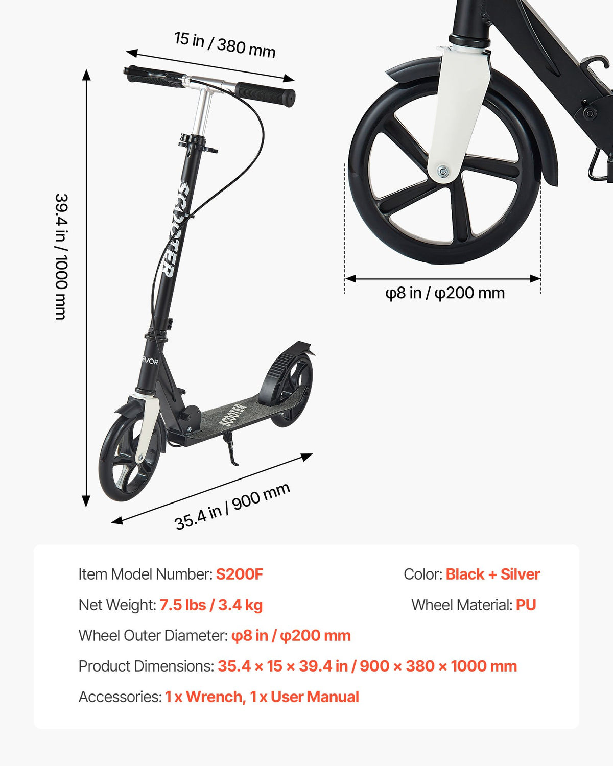Sparkcykel för barn från 8 år, tonåringar och vuxna, 2-hjulig sparkcykel för småbarn med justerbart styre, brett halkfritt däck, hopfällbar, lättviktig för pojkar och flickor upp till 99,8 kg, svart + silver