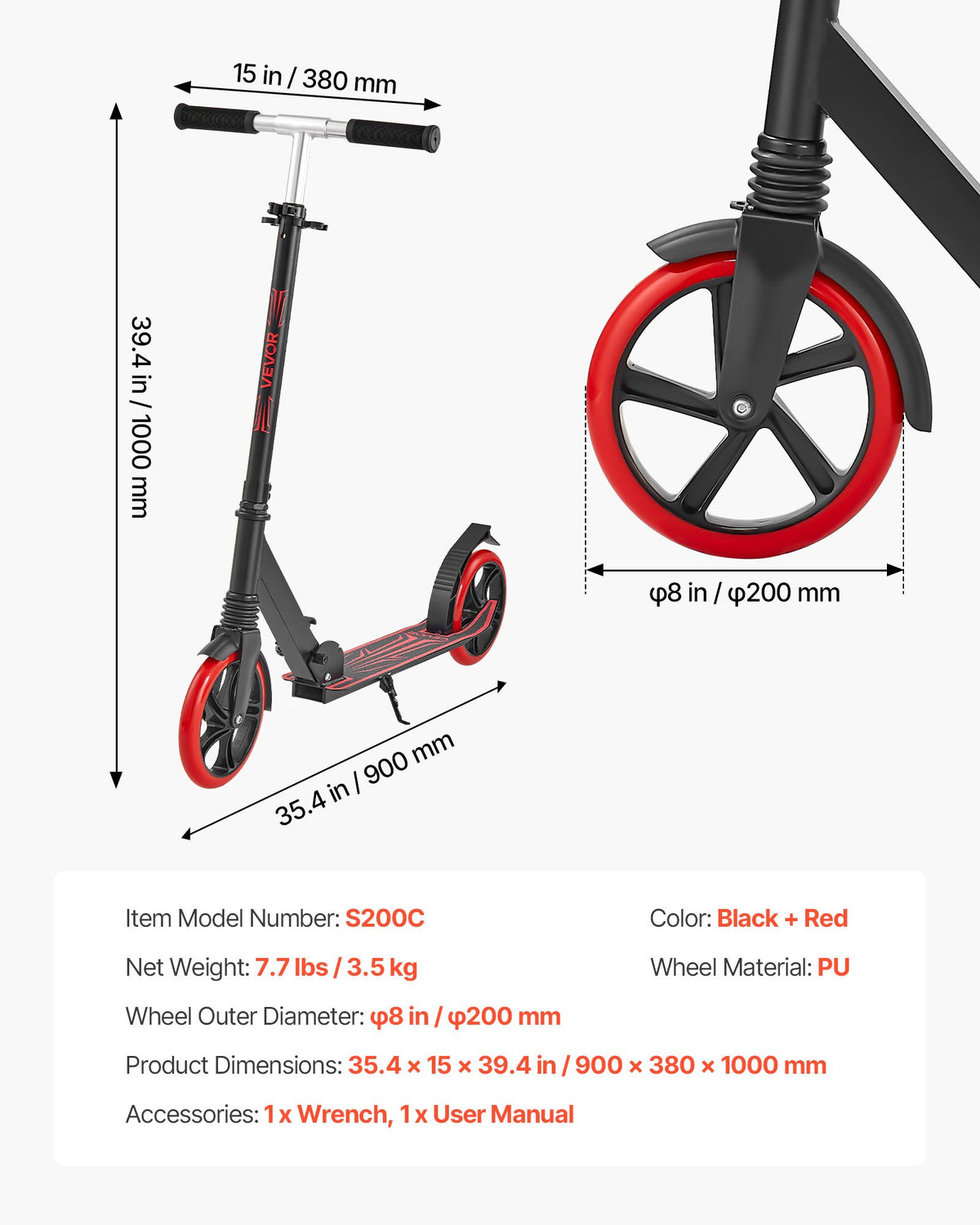 Sparkcykel för barn från 8 år, tonåringar och vuxna, 2-hjulig sparkcykel för småbarn med justerbart styre, brett halkfritt däck, hopfällbar, lättviktig för pojkar och flickor upp till 99,8 kg, svart + röd