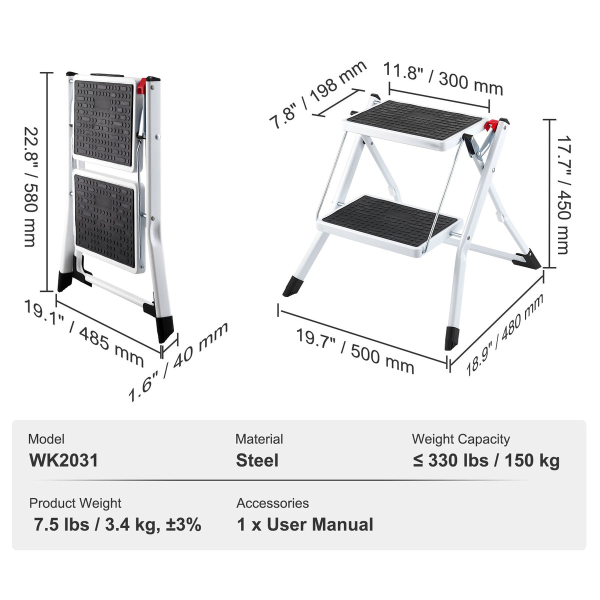 Stege 2-stegs 150 kg kapacitet, ergonomisk hopfällbar stålpall med bred halkfri pedal, robust pall för vuxna småbarn, multifunktionell för hushåll, kök, kontor, husbilar