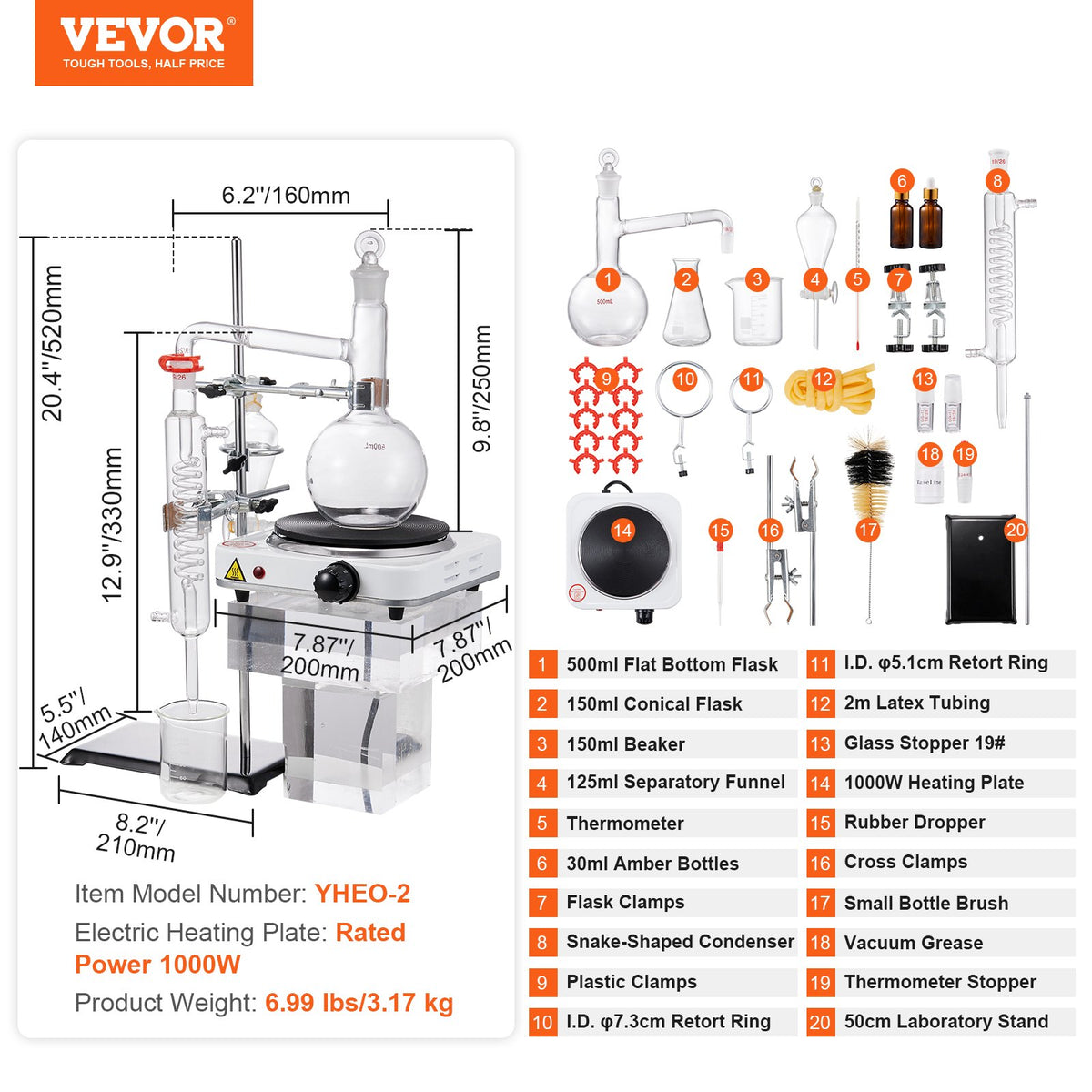 Destillationskit för eteriska oljor, 500 ml destillationsapparat, 3,3 Boro-destillationskit i laboratorieglas med 1000 W värmeplatta och 24 delar, 40 leder, 33 delars set