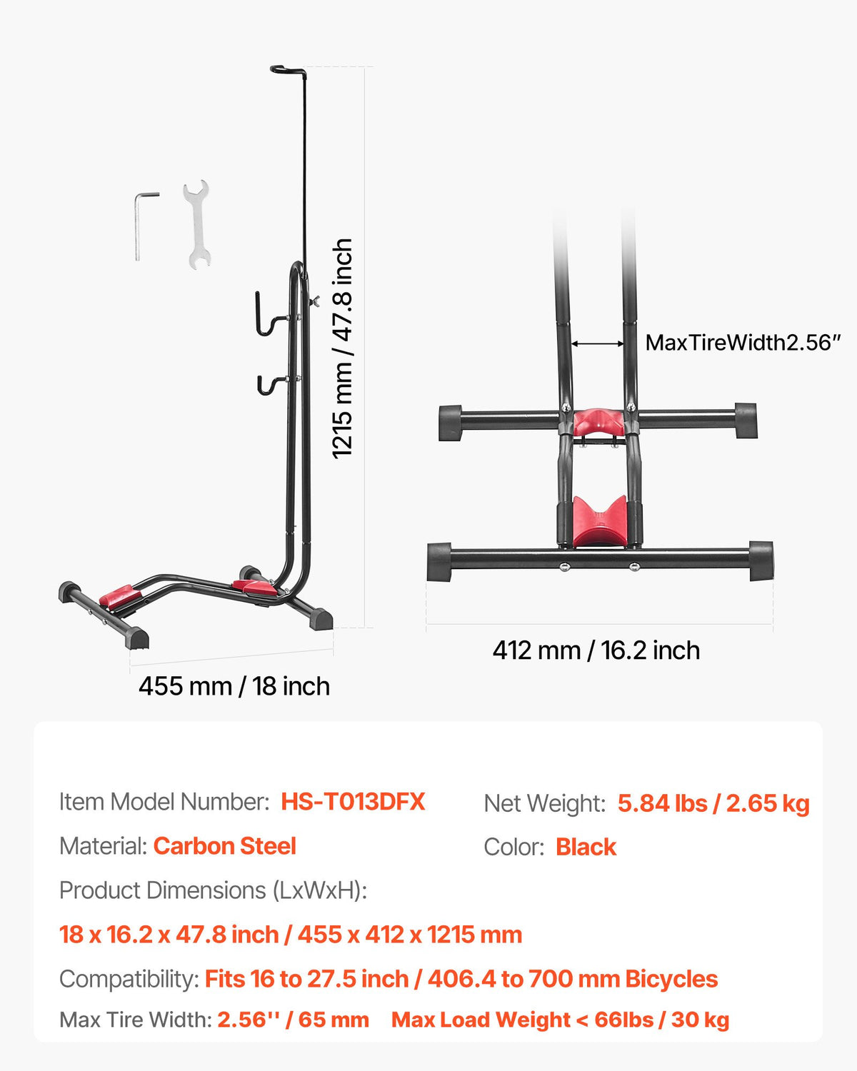 Bike Rack, Upright Bike Stand Floor for 406.4 to 700 mm Mountain & Road Bikes, Vertical & Horizontal Bicycle Stand for Secure Parking and Storage in Garage, Truck Bed, Indoor, Outdoor, Black