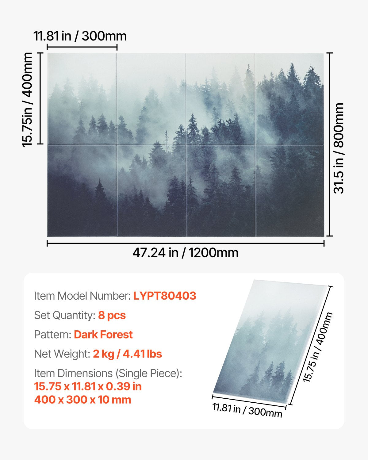8-pack akustiska paneler, 63 x 23,62 x 0,4 tum ljudisolerade väggplattor, självhäftande dekorativa ljuddämpande skivor för hem, kontor, studio, spelrum, teater, skog