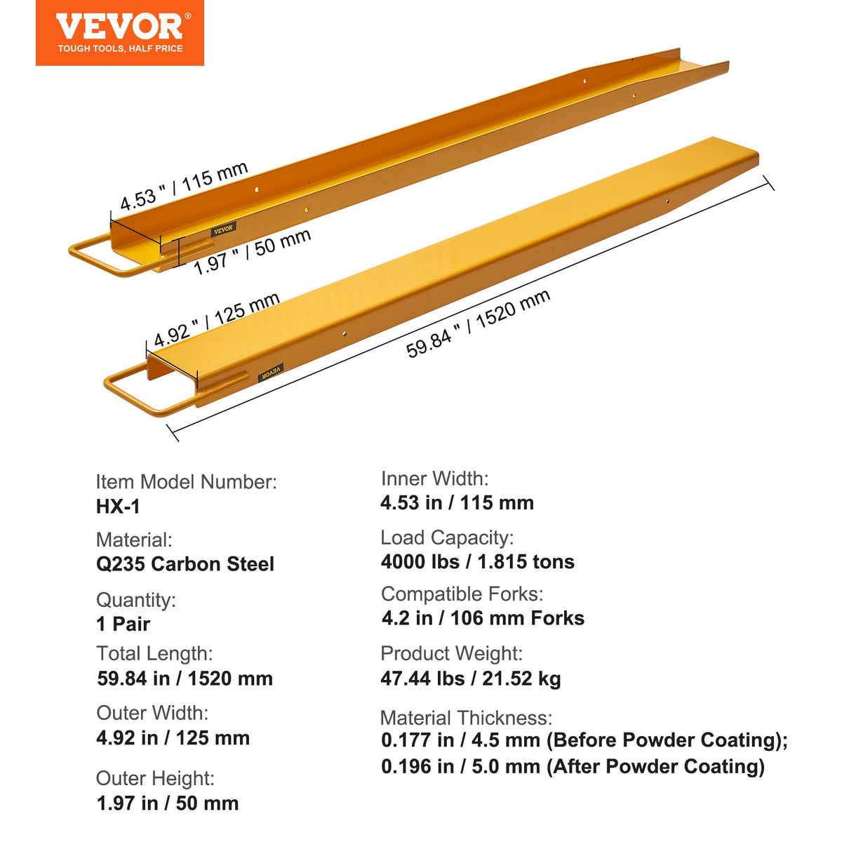 Pallet Fork Extensions, 60" Length 4.5" Width, Heavy Duty Carbon Steel Fork Extensions for Forklifts, 1 Pair Forklift Extensions, Industrial Forklift Fork Attachments for Forklift Truck, Yellow