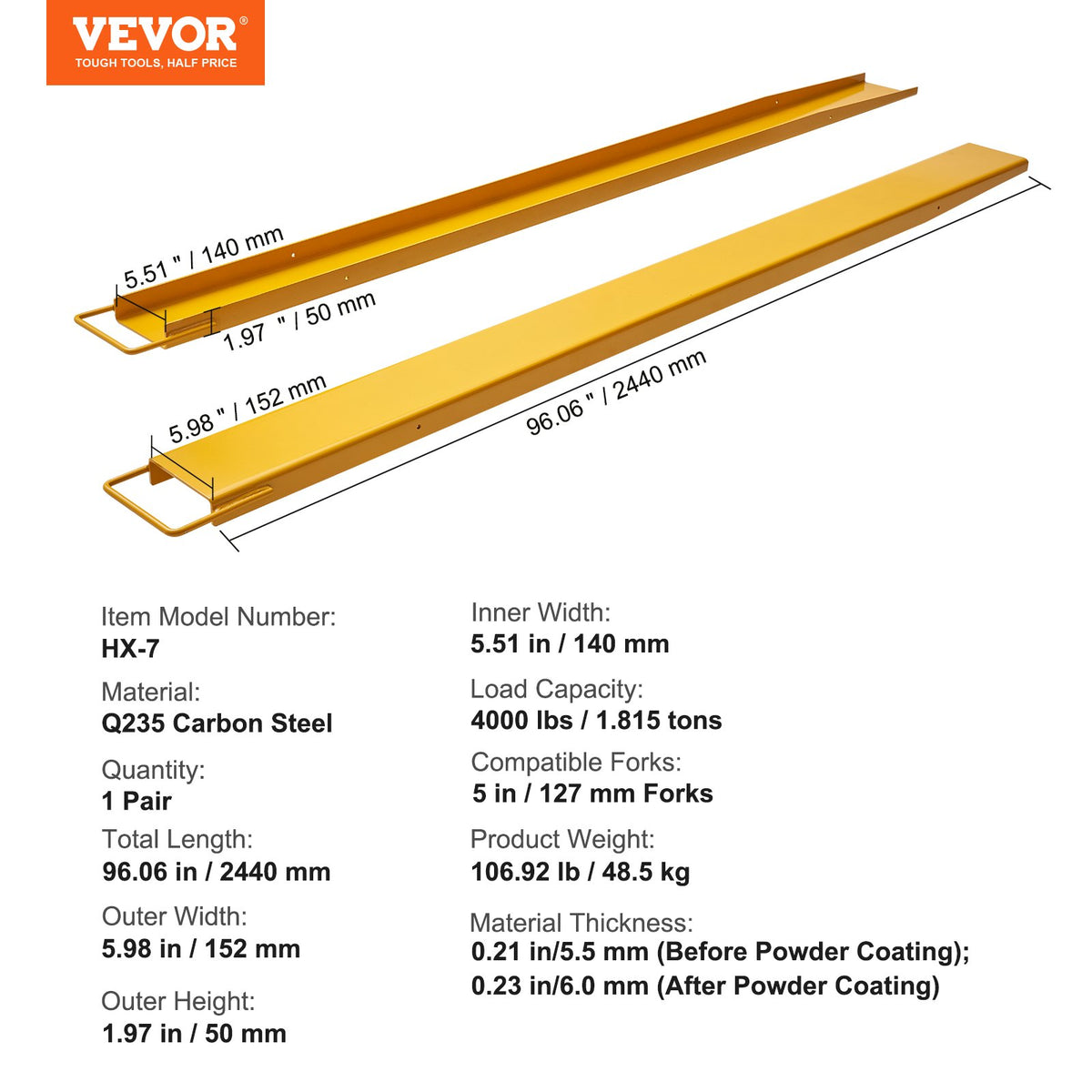 Pallet Fork Extensions, 96" Length 5.5" Width, Heavy Duty Carbon Steel Fork Extensions for Forklifts, 1 Pair Forklift Extensions, Industrial Forklift Fork Attachments for Forklift Truck, Yellow