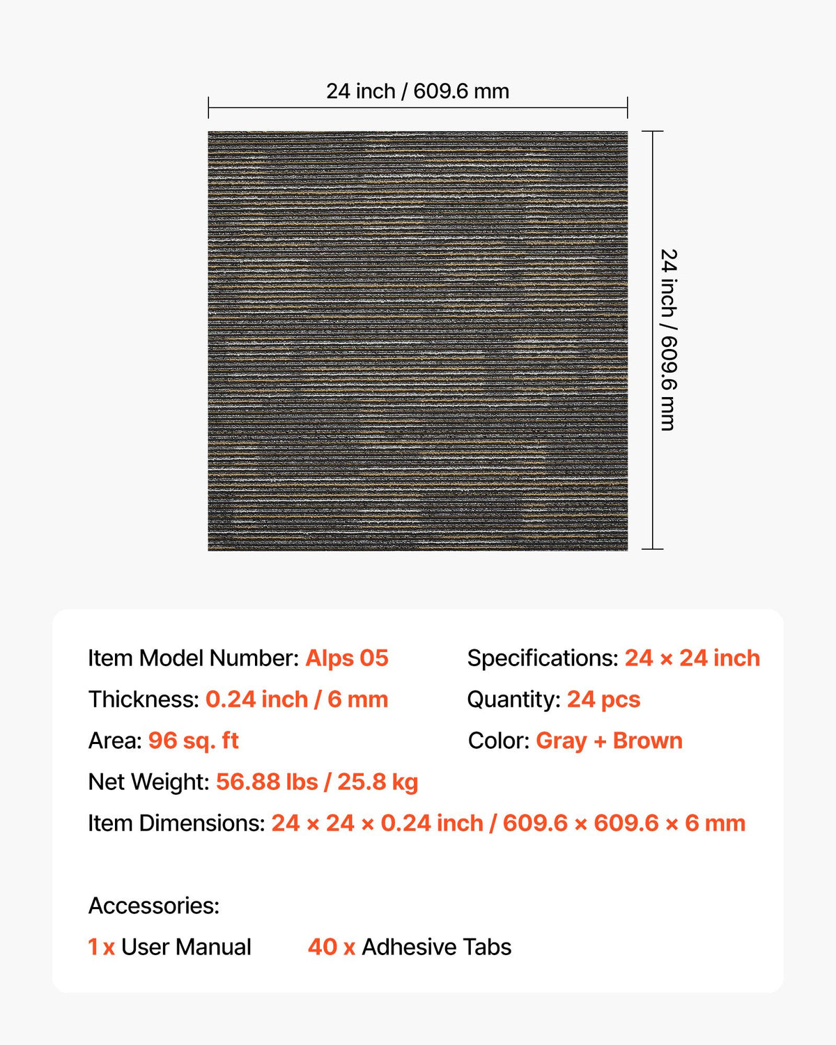 Återanvändbara mattplattor 610x610 mm, 24 st. modulär matta fyrkantig, mjuk vaddering för kommersiellt golv för sömlöst överdrag 8,9㎡, enkel gör-det-själv-ersättning för vardagsrum/sovrum inomhus, grå och brun
