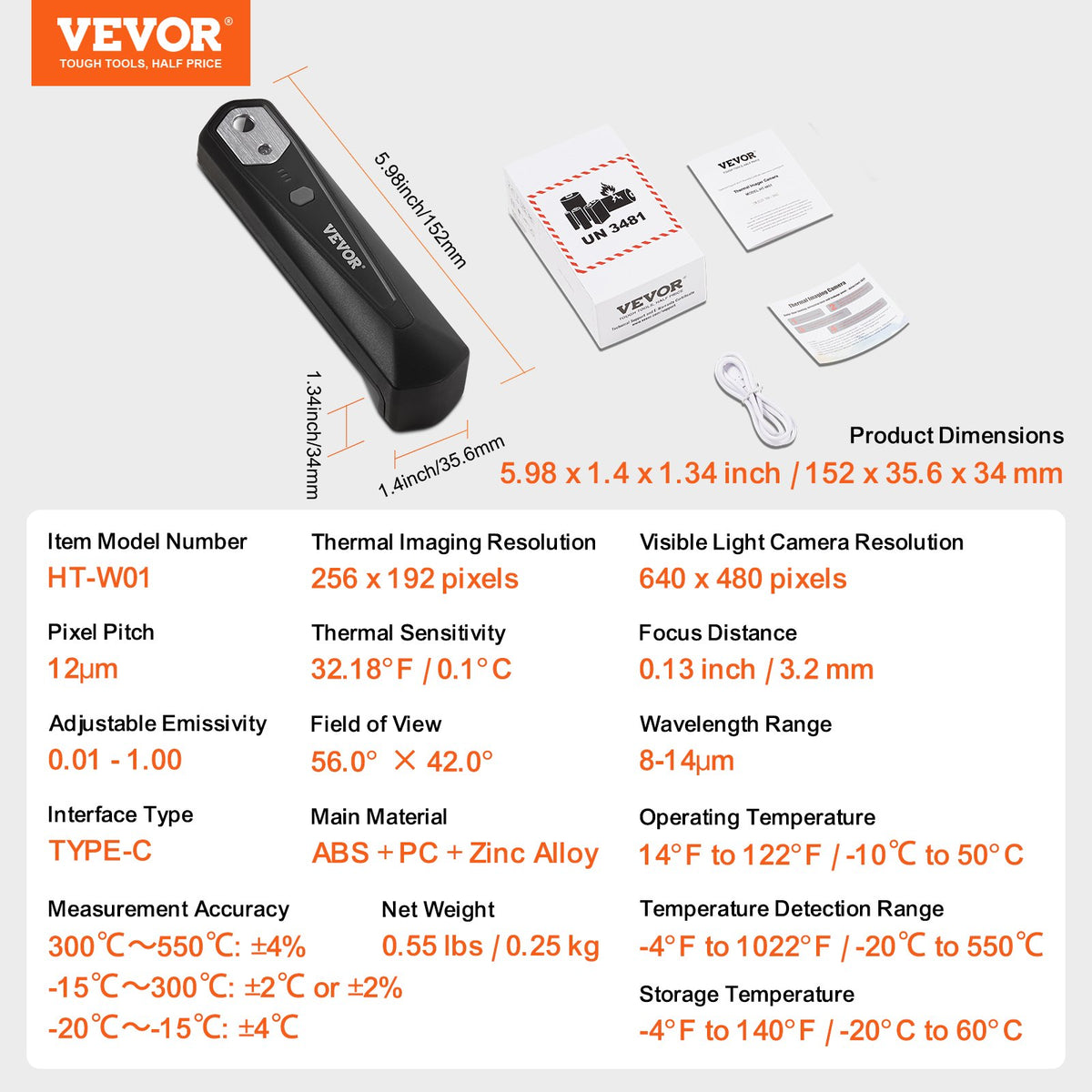Värmekamera för Android och iOS, 256 x 192 IR-upplösning, trådlös infraröd värmekamera med WiFi och visuell kamera, 25Hz uppdateringsfrekvens, värmekamera för smartphone, -4°F-1022°F, IP54