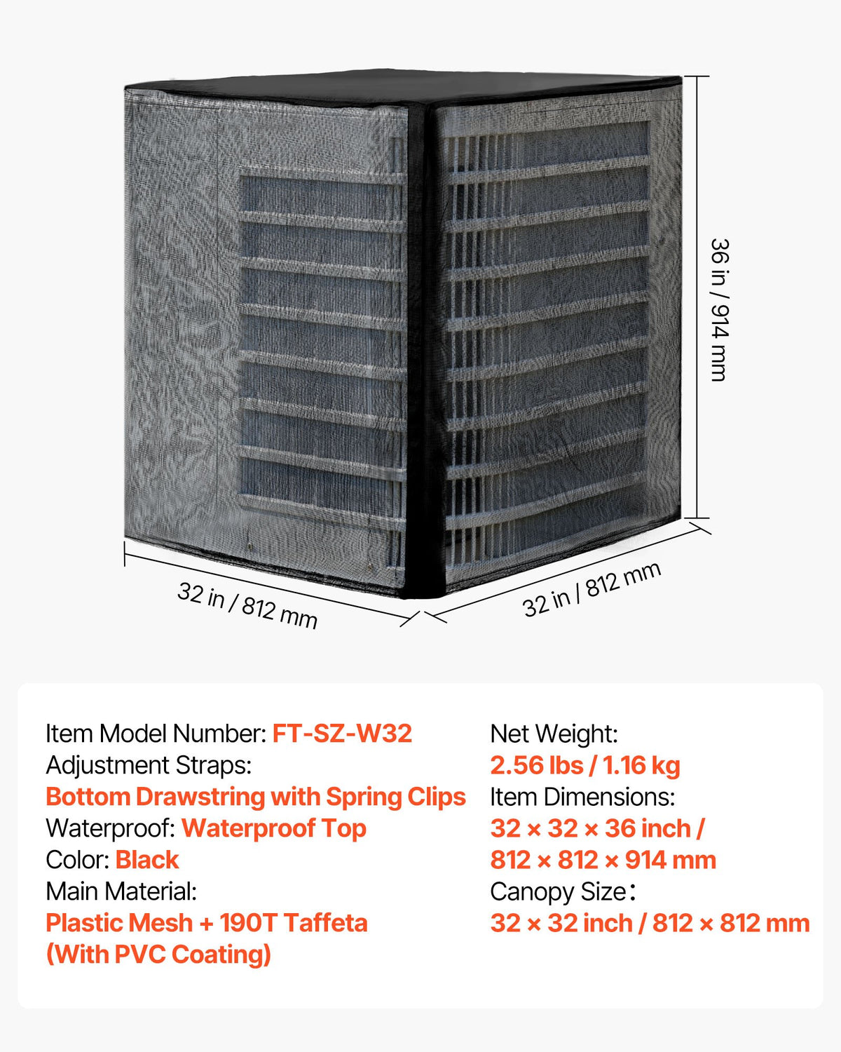 Air Conditioner Cover, 812 x 812 x 914 mm Ac Cover for Air Conditioning Unit, Dual-Layer, Detachable Canopy,Waterproof Polyester, Universal HVAC Protector for Outdoor Outside Ac Unit, Black