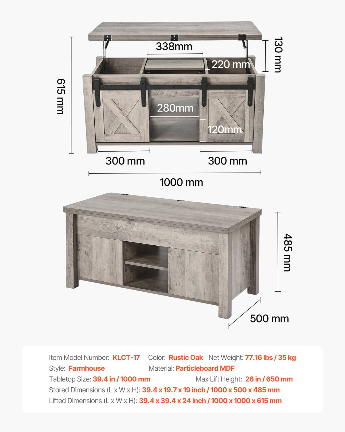 1000 mm lyftbart soffbord i lantlig stil, rustikt mittbord med ladugårdsdörr och dolt förvaringsfack, modern rektangulär lyftbar bordsskiva för vardagsrum, kontor, hem, enkel montering, ek