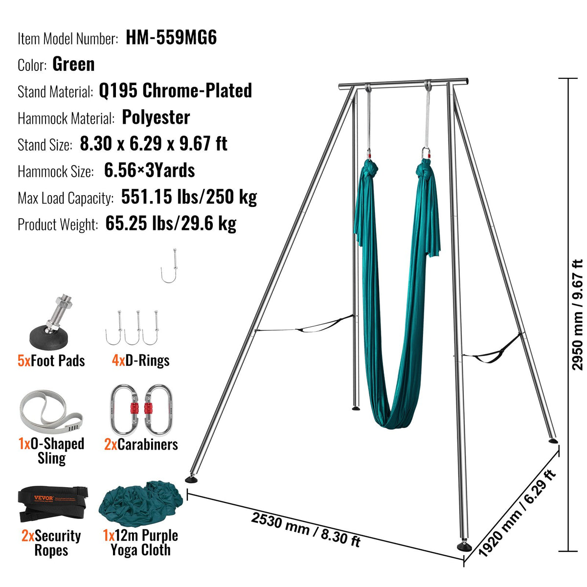 Aerial Yoga-ram och yogahängmatta, 9,67 fot hög, professionellt yoga-gungstativ, levereras med 6,6 meter hängmatta, max 237 kg lastkapacitet, yogarigg för inomhus- och utomhusyoga, grön