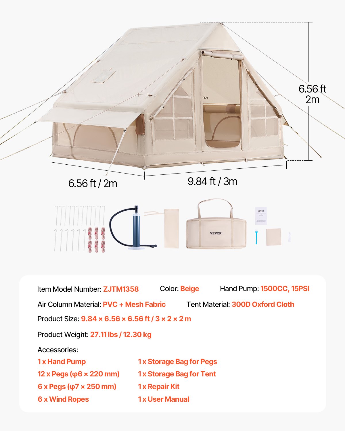 Uppblåsbara tält för camping, 3-5 personers lättmonterat uppblåst tält med handpump, 300D Oxford 4 säsonger glampingtält med spisuttag, 2 dörrar och 2 nätfönster, förvaringsväska ingår för enkel förvaring