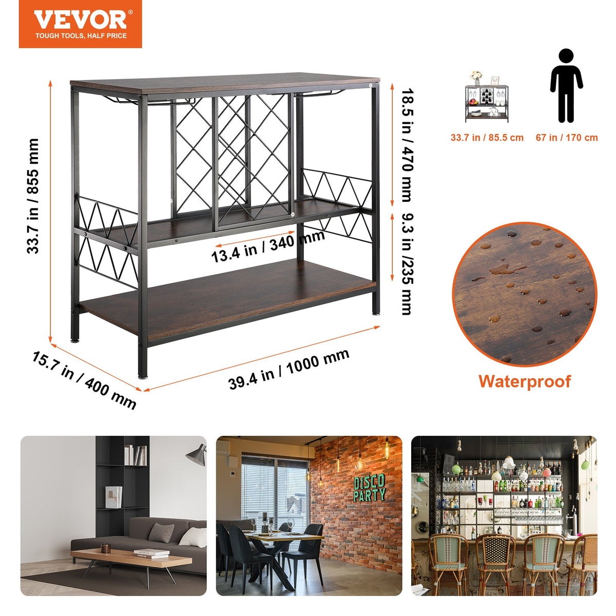 40 Inch Industrial Bar Cabinet, Wine Table for Liquor and Glasses, Sideboard Buffet Cabinet with Glass Holder & Wine Rack, Freestanding Farmhouse Wood Coffee Bar Cabinet for Living Room Home Bar