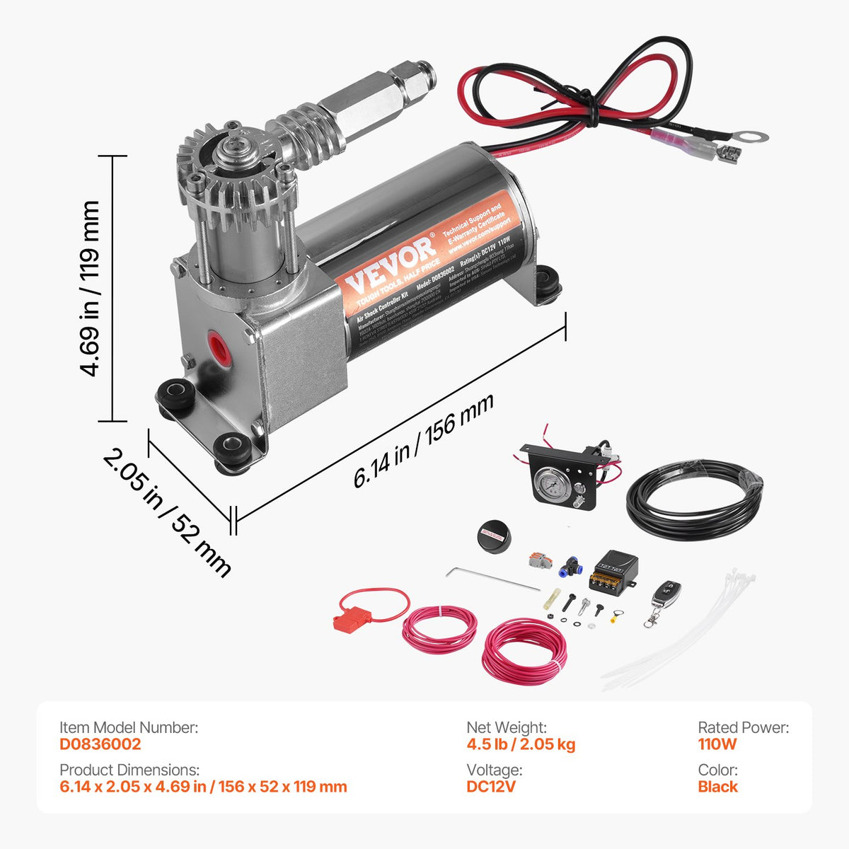 Luftstötdämparregulatorsats, 12V 100PSI inbyggt luftkompressorsystem, luftfjädringssystem med enkelspårssystem, tryckmätare och luftledning för lastbilar och skåpbilar