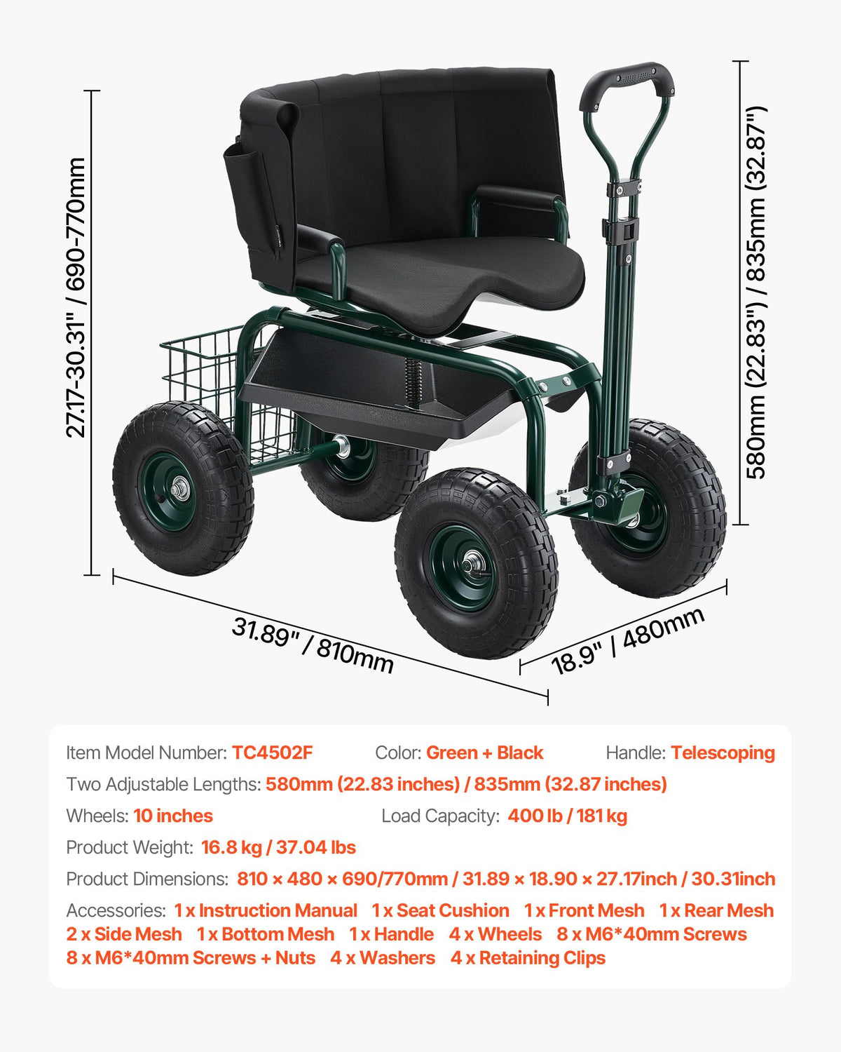 Trädgårdsstol med hjul, rullande trädgårdspall med höjdjusterbar och 360° snurrbar sits, 181 kg viktkapacitet, trädgårdsvagnsbänk, ergonomiskt ryggstöd och verktygsförvaring, för trädgård, uteplats