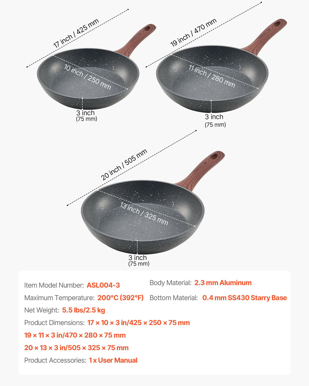 Stekpanna, Äggpannor i Aluminium, Set med 3 delar (250, 280, 325 mm), Robusta Stekpannor med Värmebeständigt Handtag, Kockens Köksredskap, För Gas, El, Induktion, Grå