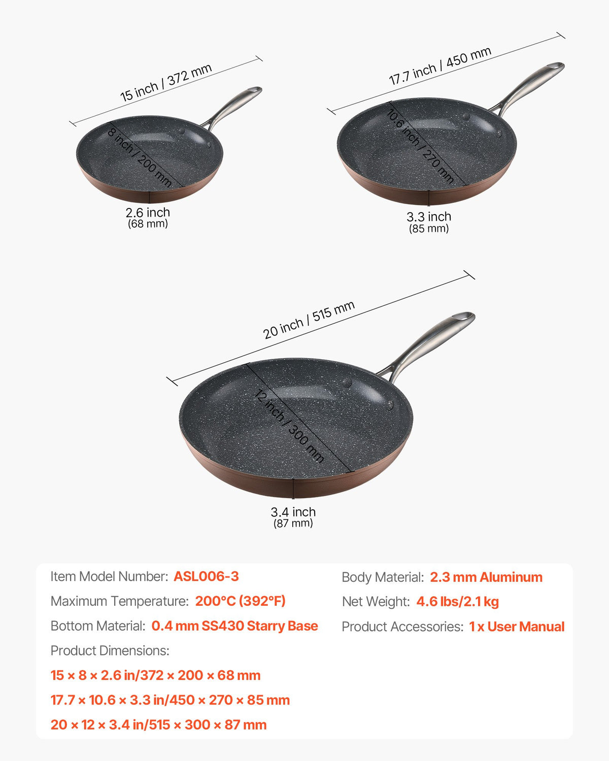Frying Pan Skillet, Aluminum Egg Fry Pans, 3 Piece (200, 270, 300 mm), Nonsitck Ceramic Heavy-Duty Skillets with Heat-Resistant Handle, Chef's Cookware, for Oven, Gas, Electric, Induction, Grey