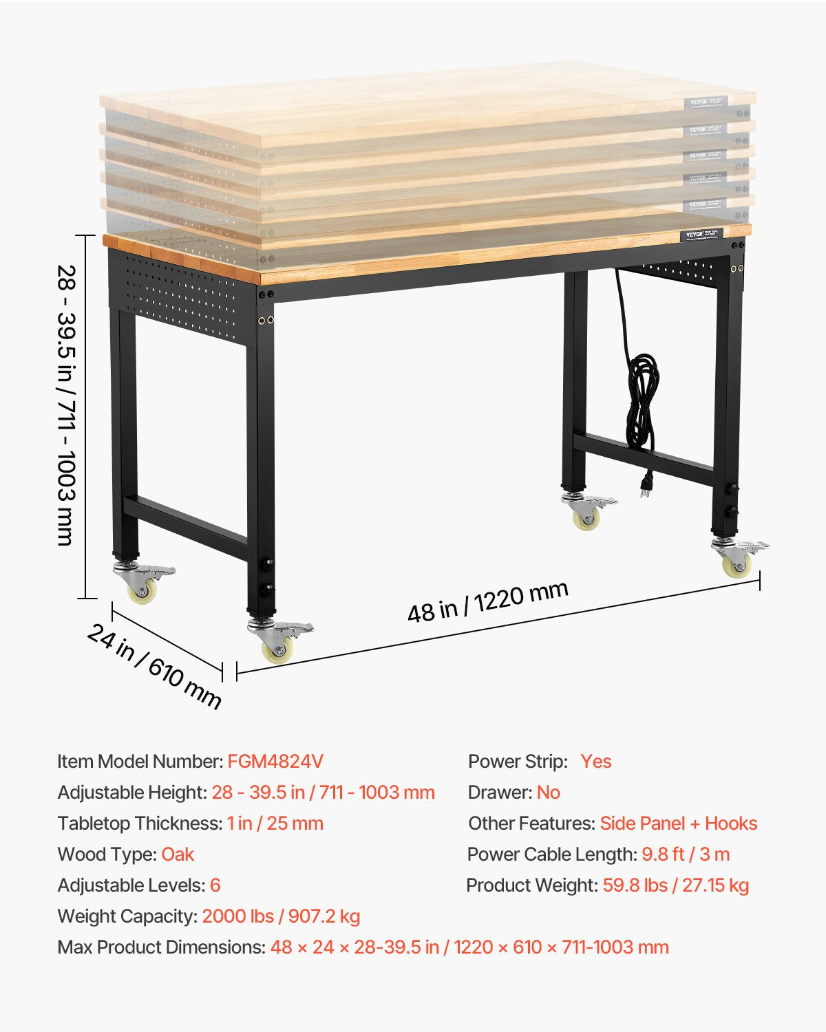 1219 mm justerbar arbetsbänk, 907 kg belastning, arbetsbänk med eluttag, hjul och hylsplatta, kraftig arbetsbord i ekträ för garage, verkstad, kontor och hem