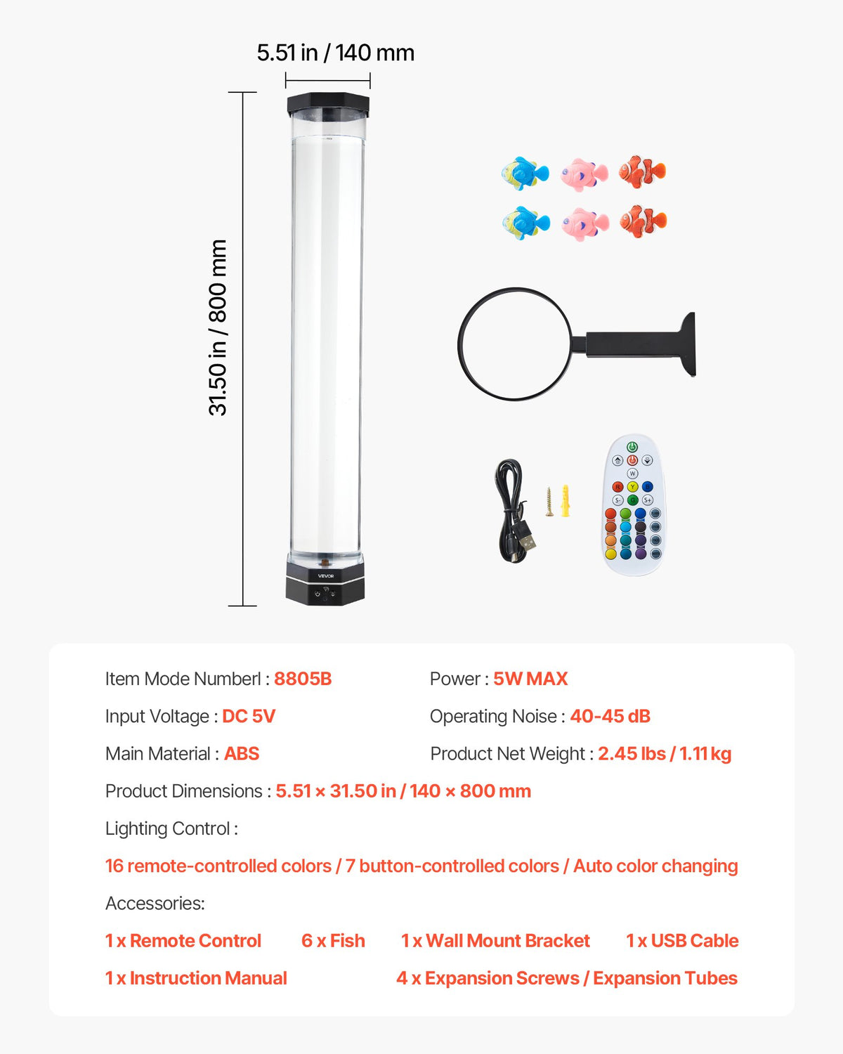 Bubbelrörslampa 16 färger 80 cm sensorisk akvarielampa för lindring och lugn