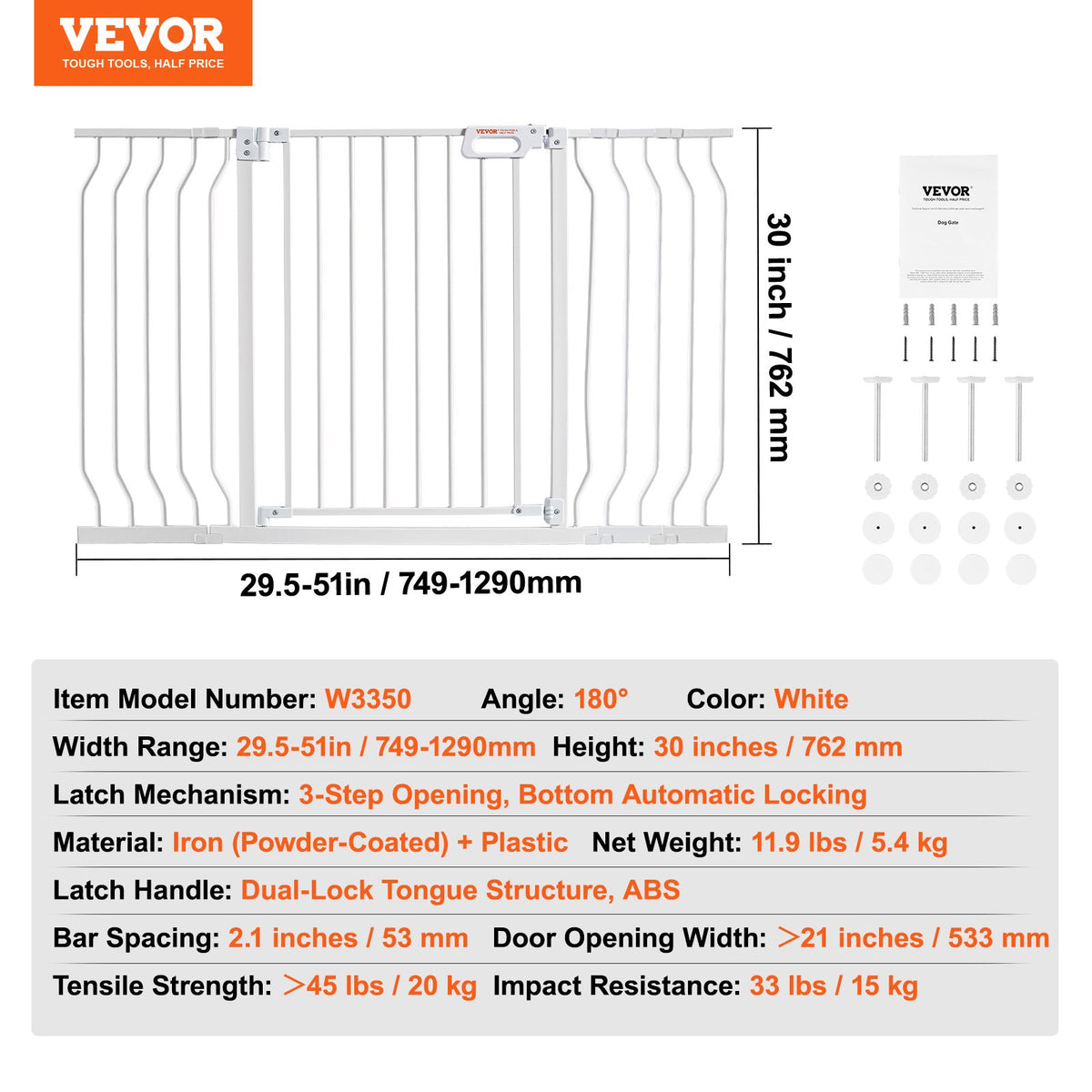 Baby Gate, 29.5"-51" Extra Wide, 30" High, Dog Gate for Stairs Doorways and House, Easy Step Walk Thru Auto Close Child Gate Pet Security Gate with Pressure Mount Kit and Wall Mount Kit, White