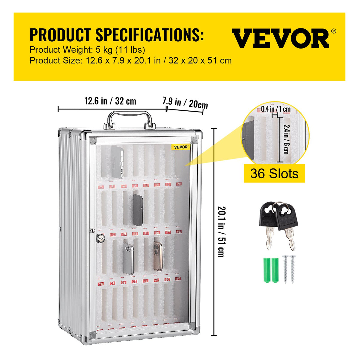 Cell Phone Storage Cabinet, 36 Slots, Aluminum Alloy Pocket Chart Storage Locker Box with Portable Handle, Key Lock & Handwritten Tags, Wall Mounted for Classroom, Office, Gym