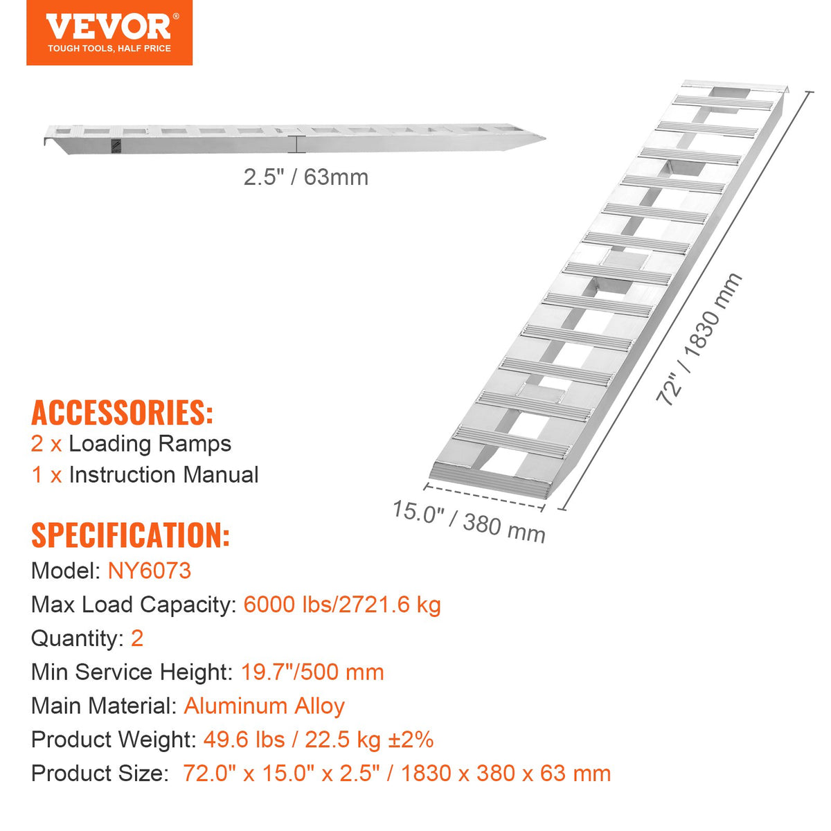 182,9x38,1 cm aluminiumramper 2721,6 kg kapacitet lastramper 2 st