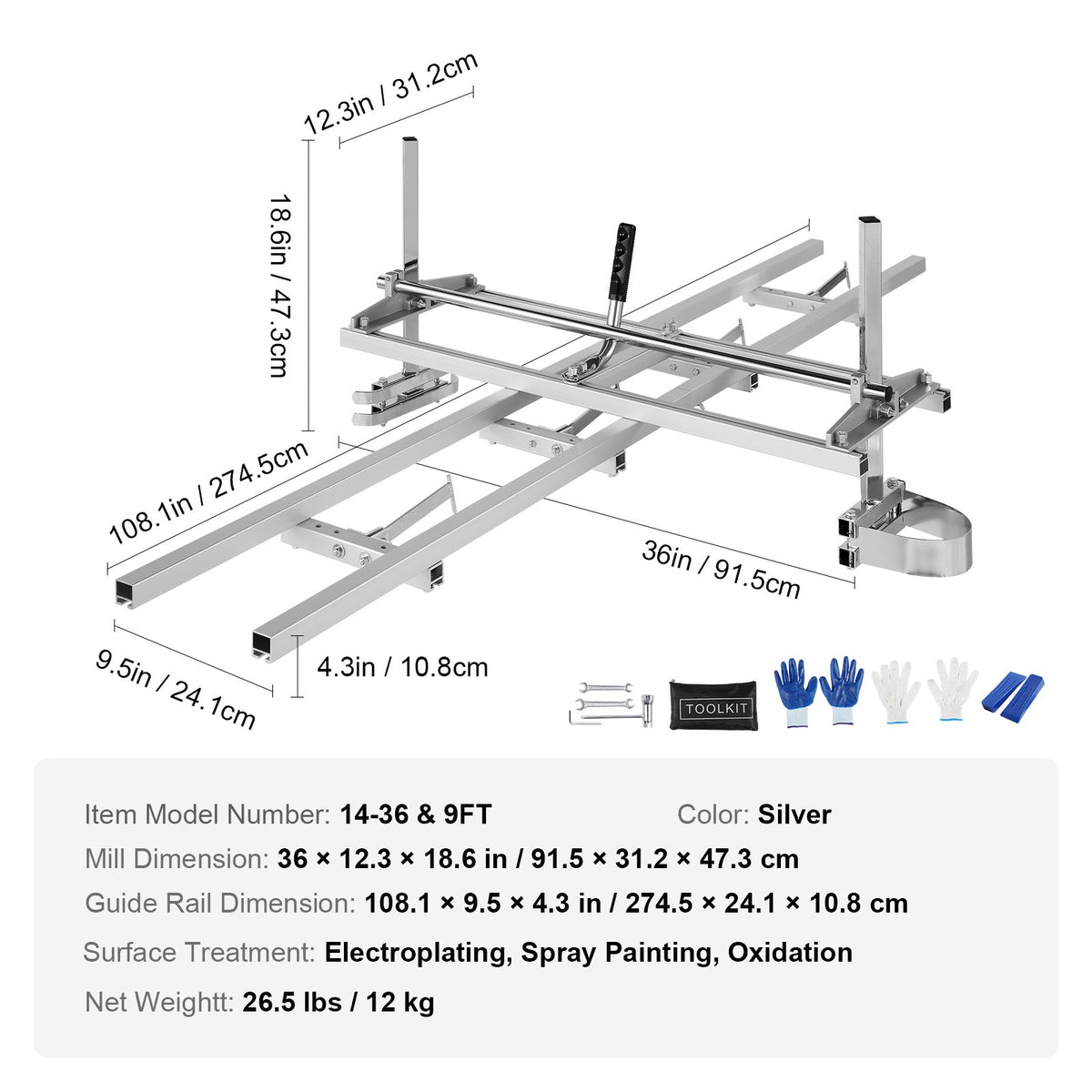 Motorsågsverk och skenstyrningssystem, bärbart sågverk 36 cm-91 cm svärd, 2,74 m aluminiumskenastyrning med motorsågsverk för träarbetare och snickare